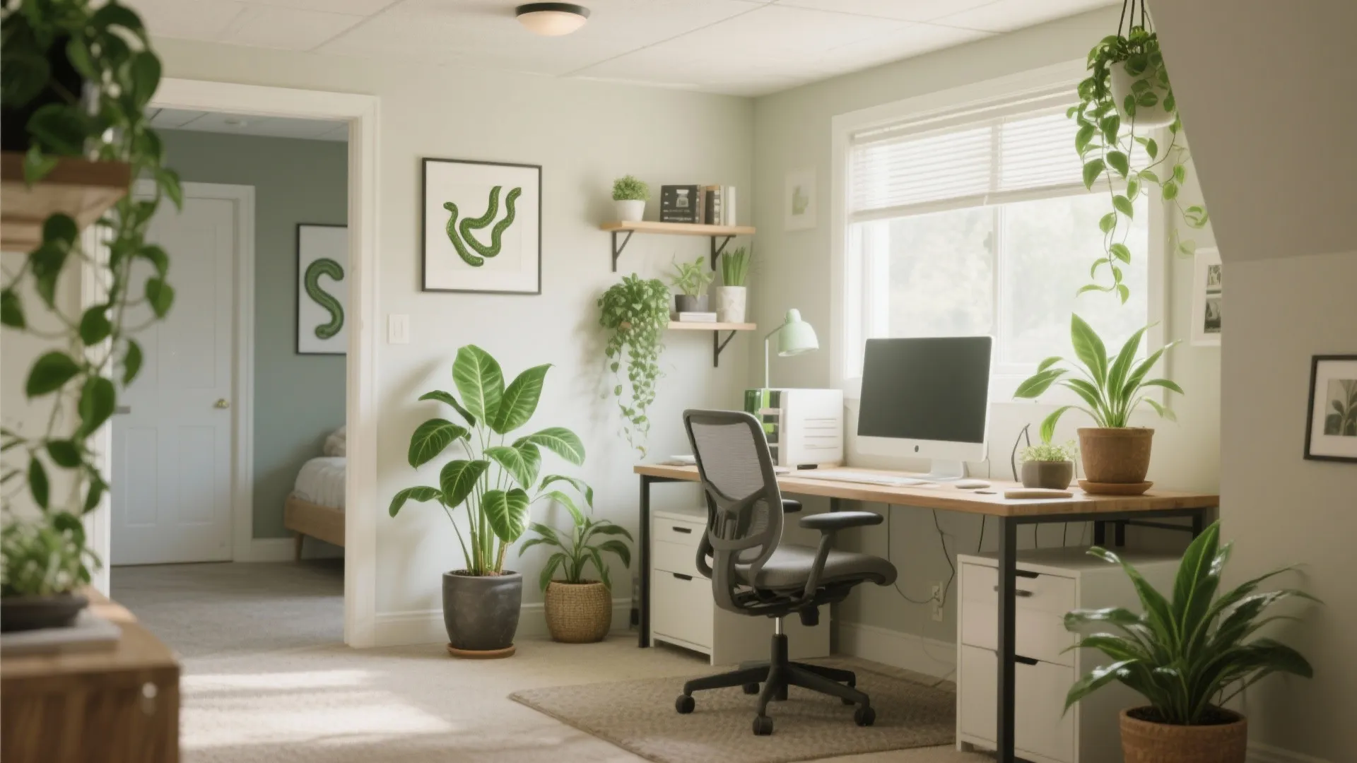 Basement office with snake plants and pothos for greenery