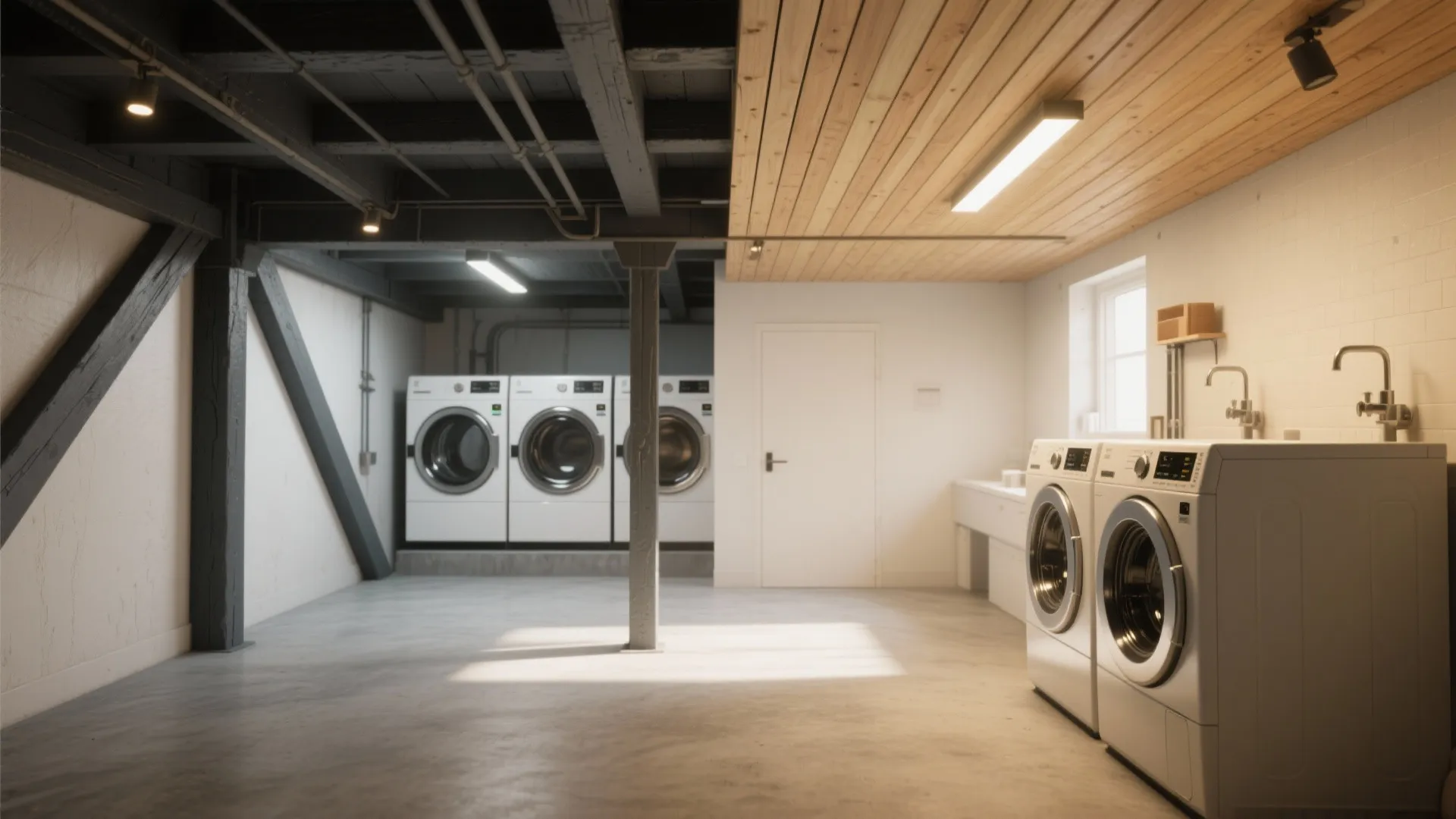 Modern basement laundry room with multiple washing machines wooden ceiling panels and bright interior design lighting