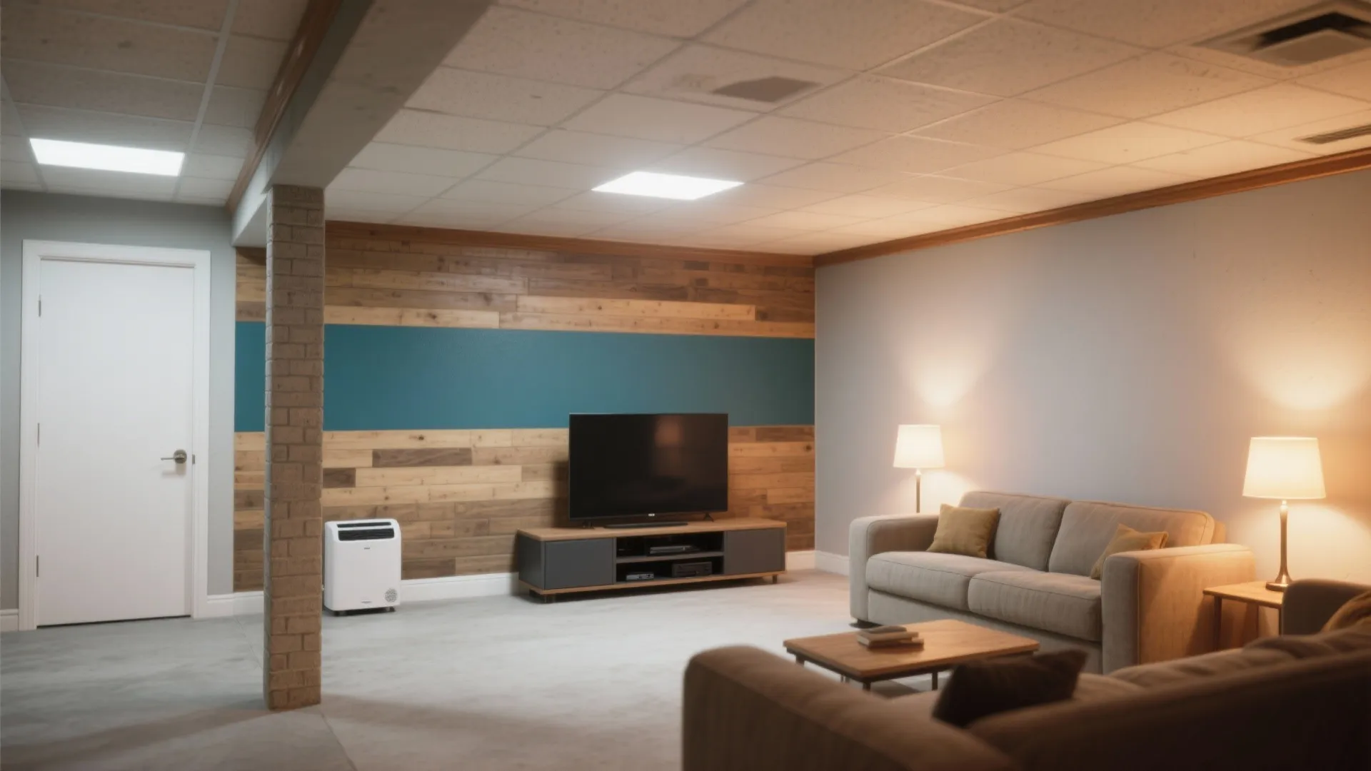 Finished basement living room with a grey sofa wooden wall panels television and warm lighting