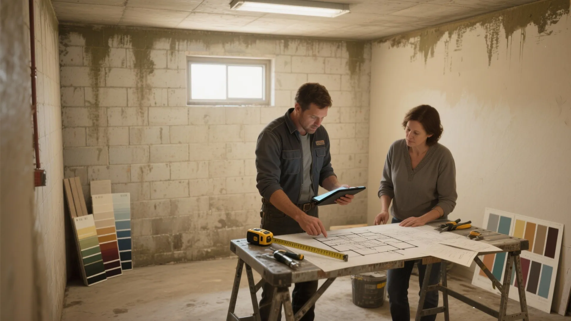 Man and woman looking at paper room layout on wooden workbench in a concrete basement room