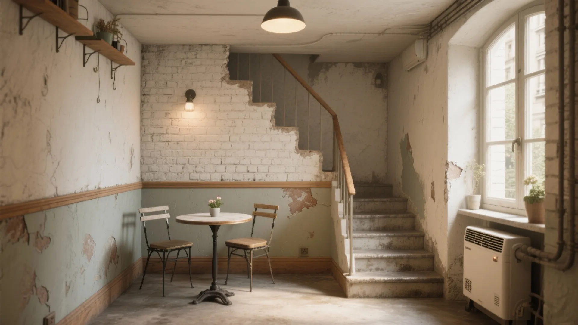 Small round table and two chairs in rustic basement with stairs and white brick walls