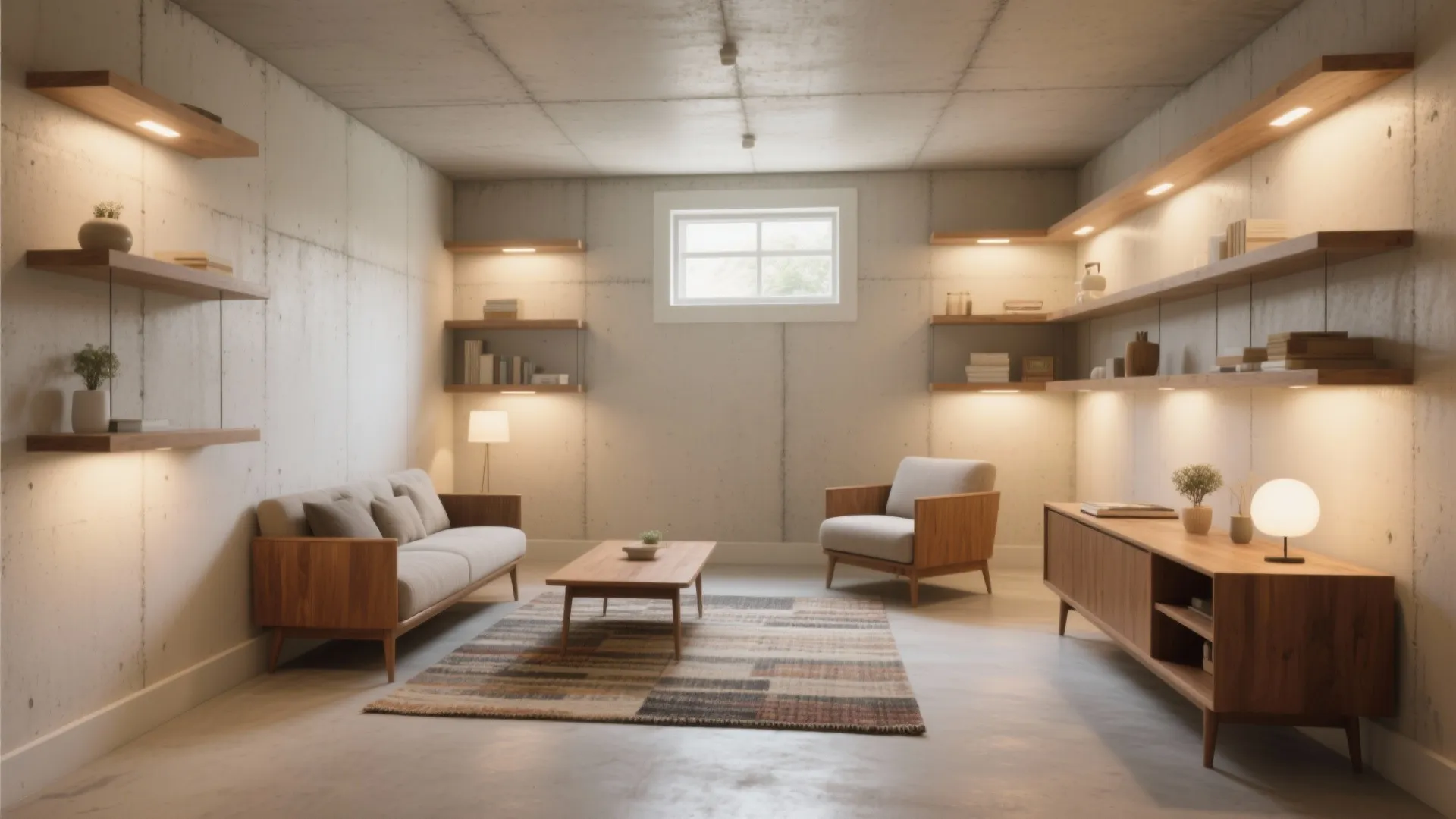 Minimalist basement living room with sofa wooden cabinet wall shelves and small window on concrete