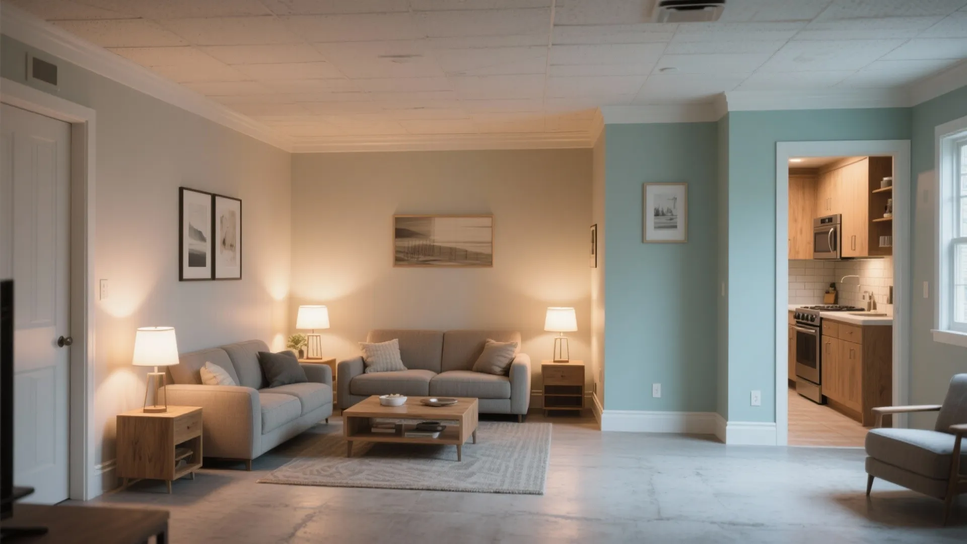 Modern living room with grey sofas wooden coffee table warm light fixtures and kitchen view
