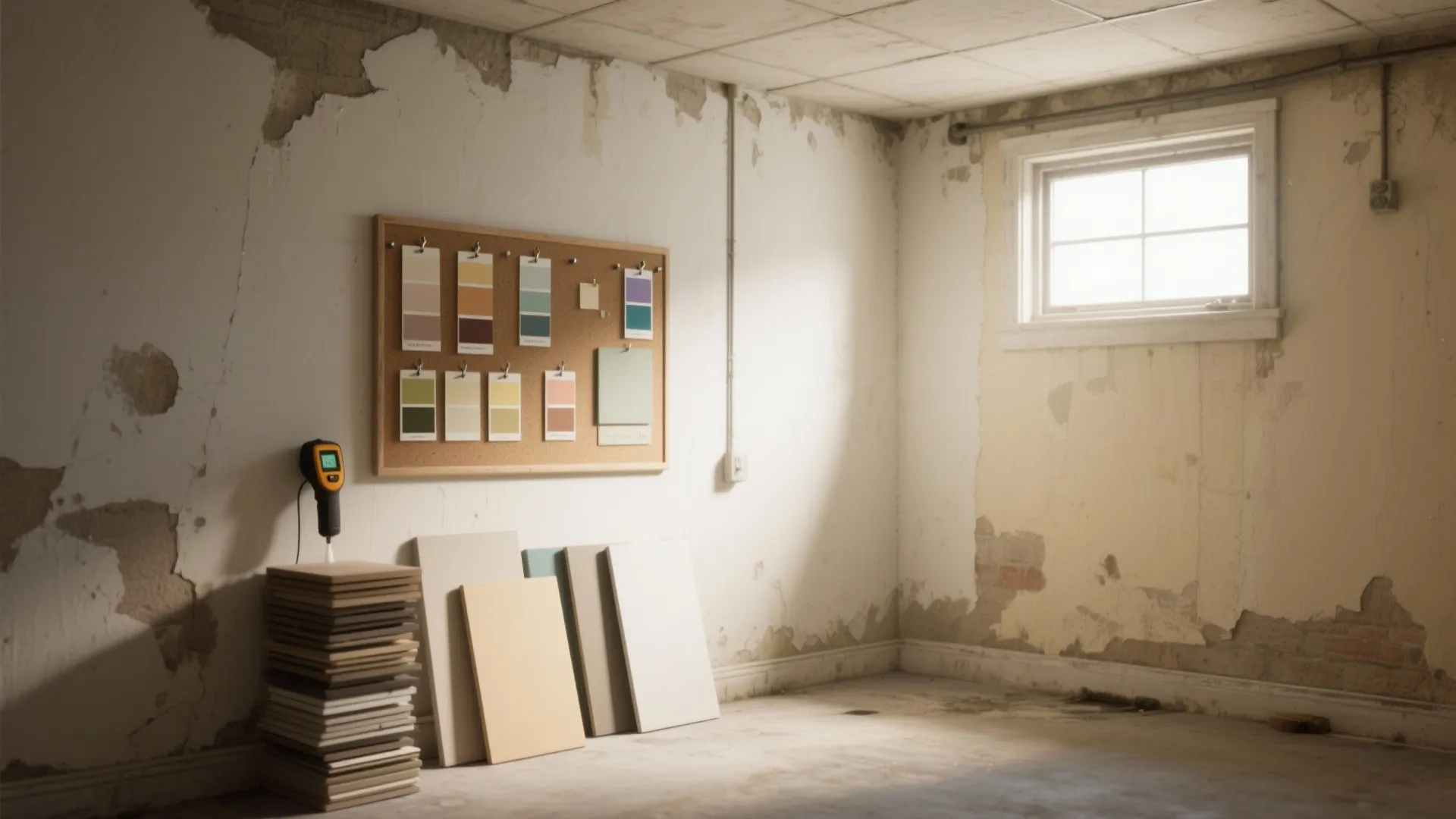 Empty unfinished room with peeling paint on walls and color swatches on a cork board