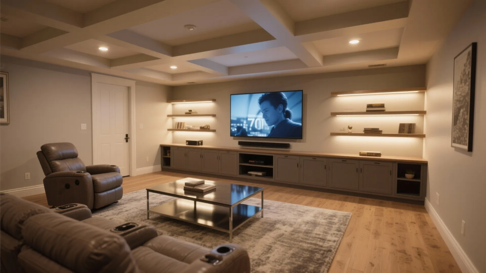 Modern basement living room featuring large television wall shelves leather sofa coffee table and ceiling lights