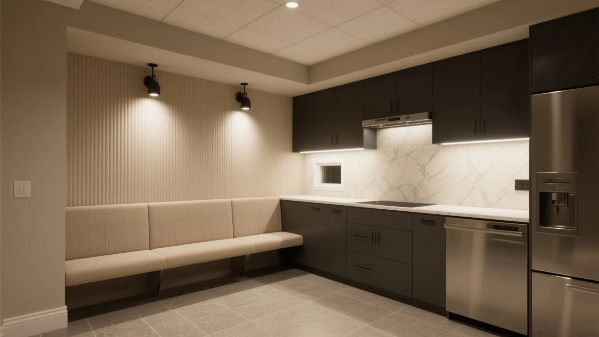 Modern basement kitchen area with dark cabinets white marble backsplash long tan bench and fridge