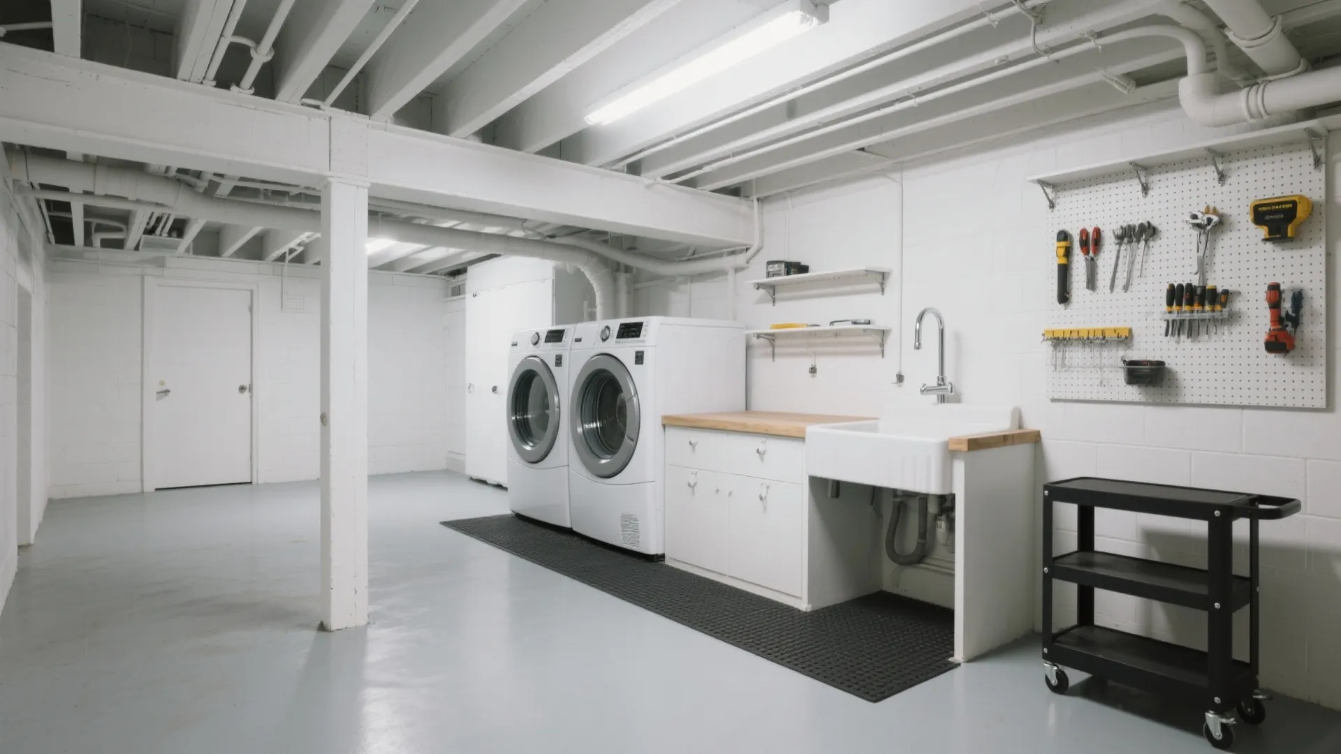 Clean white basement laundry room with washing machine dryer sink storage cabinet and tool wall organizer