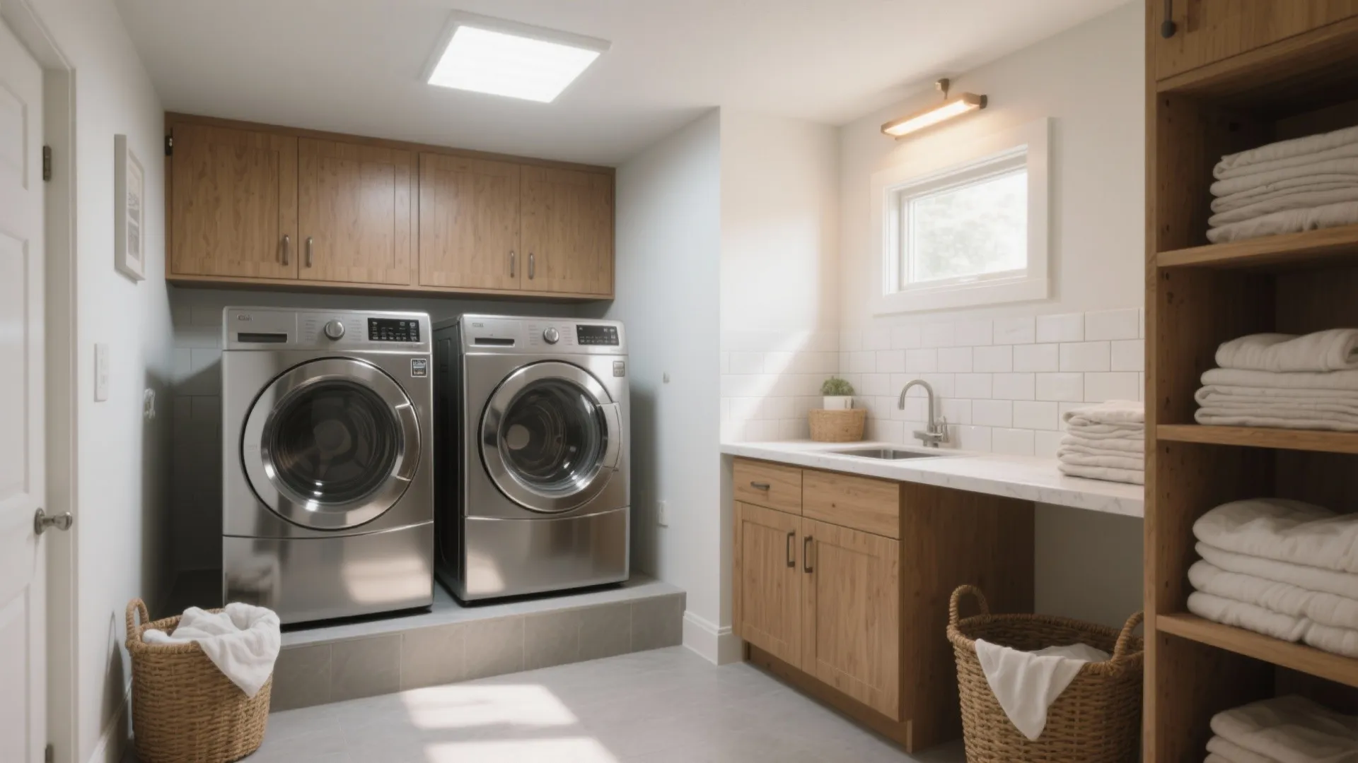 Modern laundry room with two silver machines on raised platform, wooden cabinets, sink, and shelving