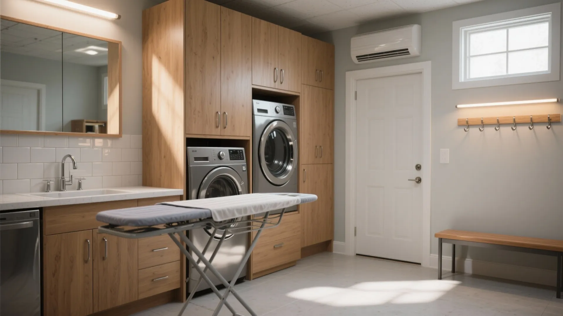 Modern laundry room with wood cabinets, washing machine, dryer, ironing board, sink and white door