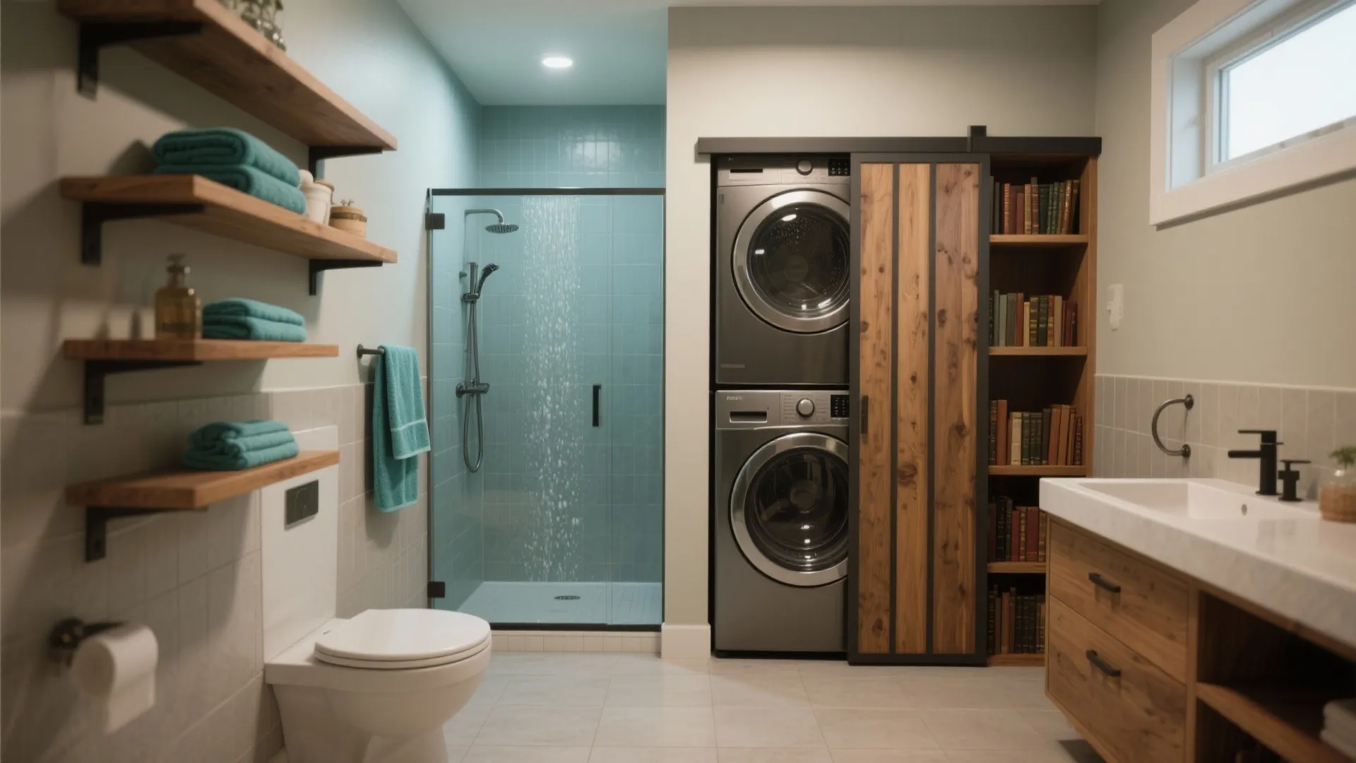 Modern bathroom with blue tiles shower glass door stacked washer dryer toilet and wooden wall shelves