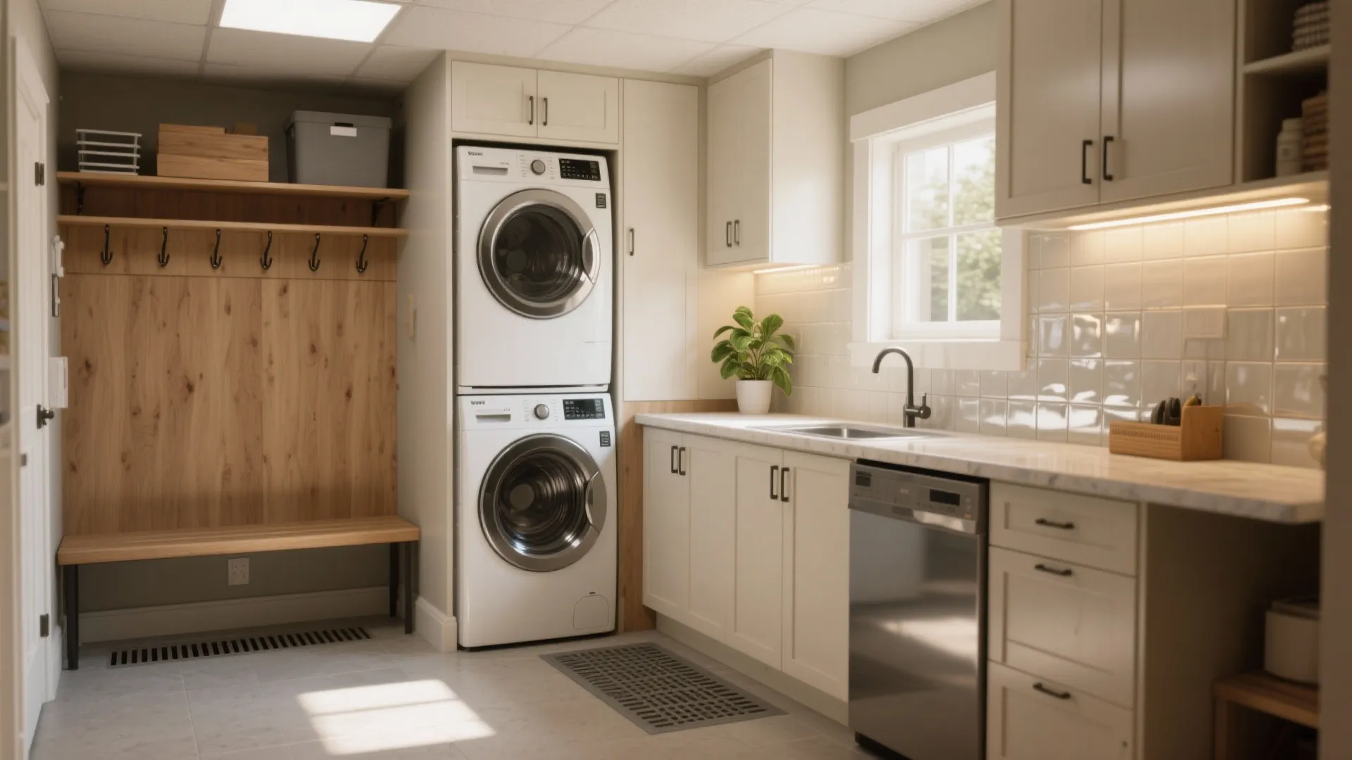 Modern laundry room with stacked washer and dryer white cabinets wooden bench and green plant