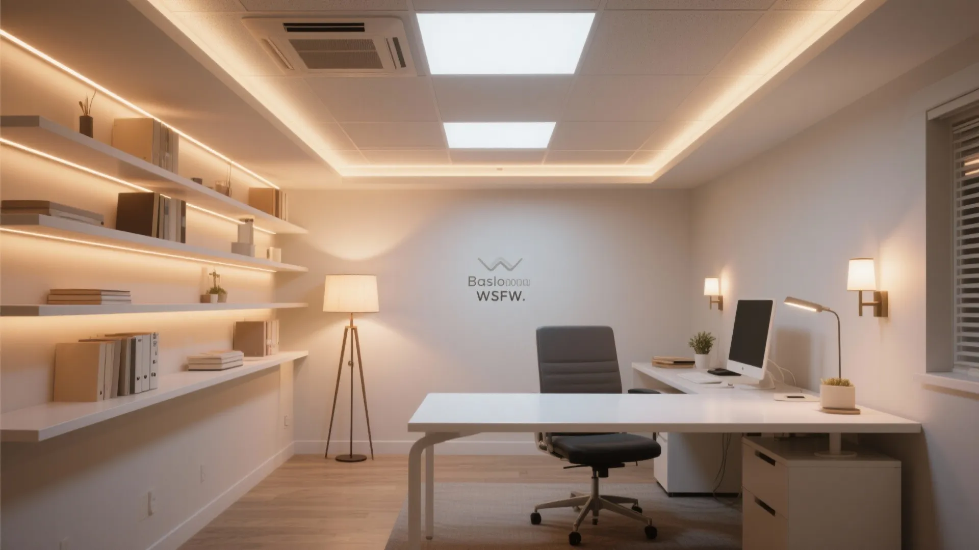 Modern office with white desk black chair warm light strips on shelves and floor lamp