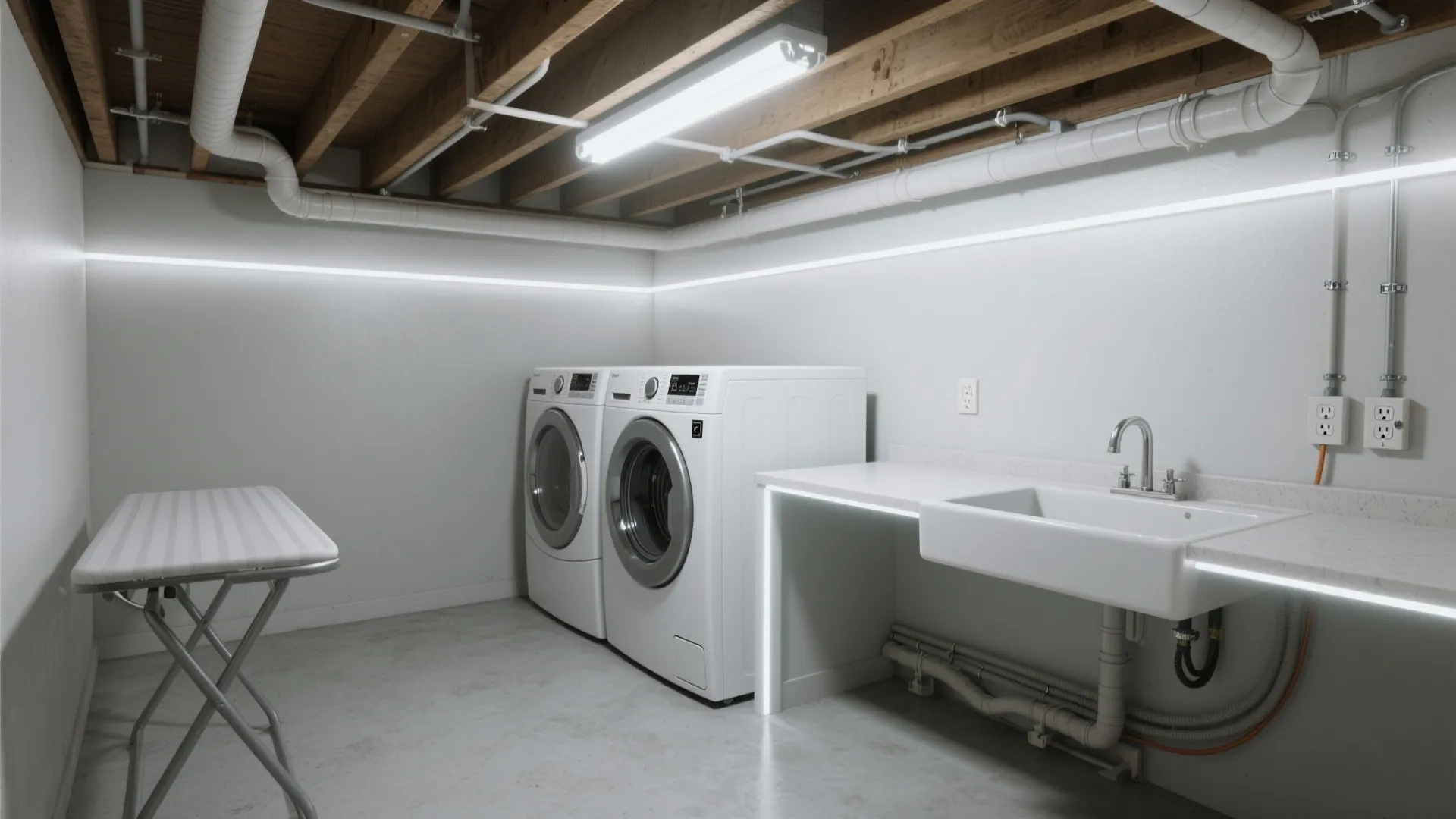 Modern laundry room featuring bright ceiling light fixtures white washing machines and a large utility sink