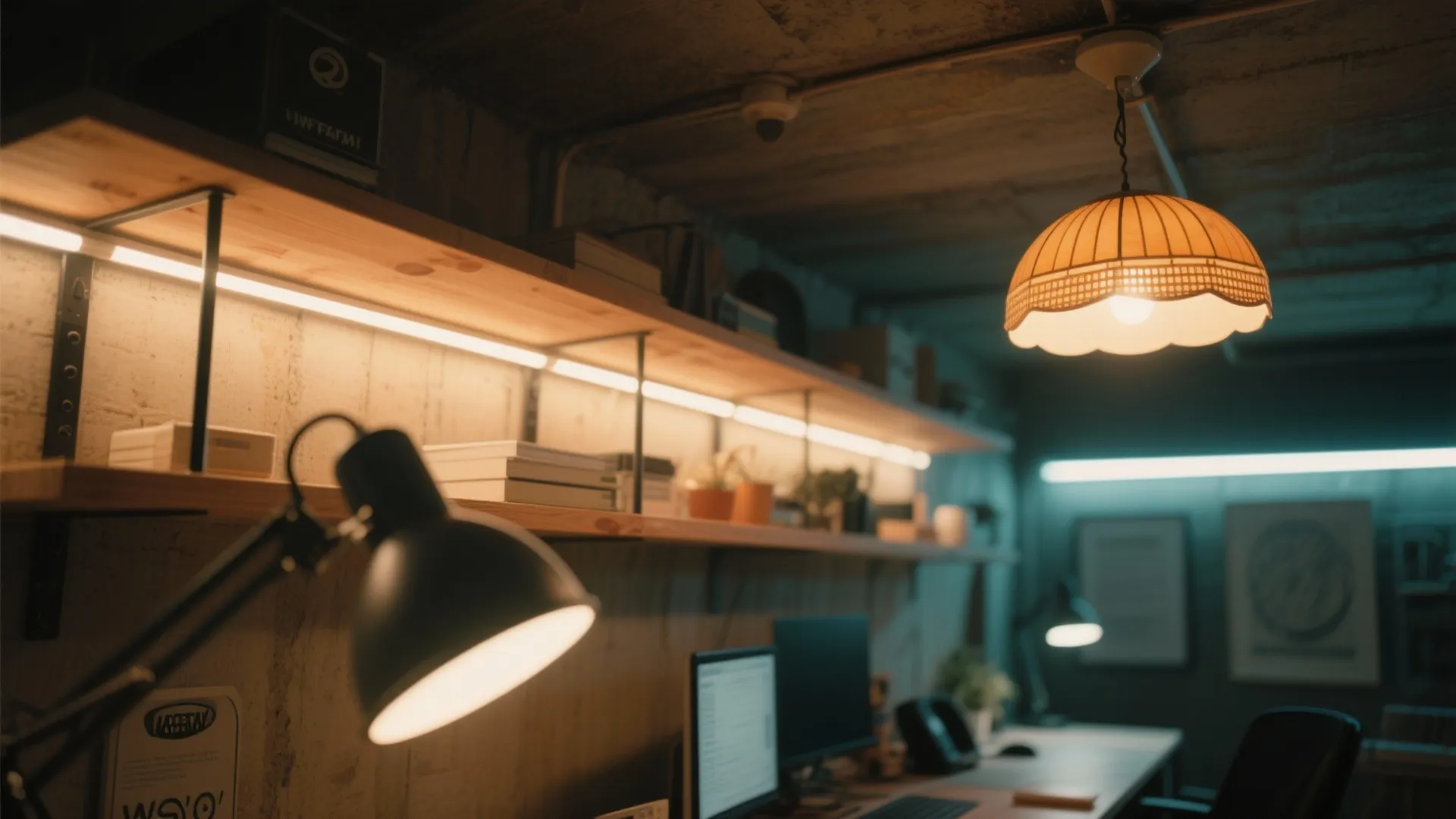 Dim basement workspace featuring a black desk lamp orange ceiling light and glowing wall shelves
