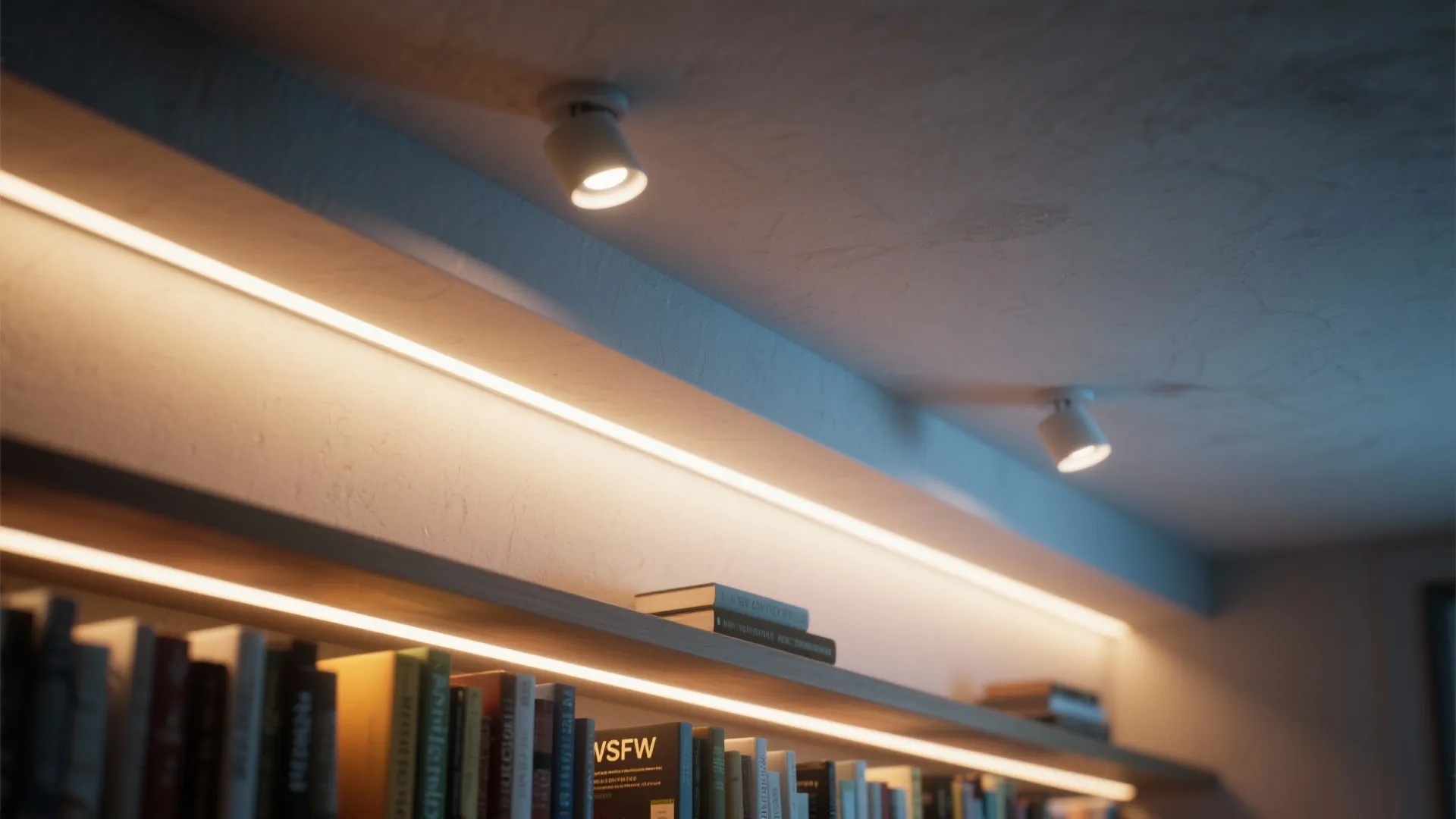 Close up of bookshelf with warm light strip on wood shelf and white ceiling lights