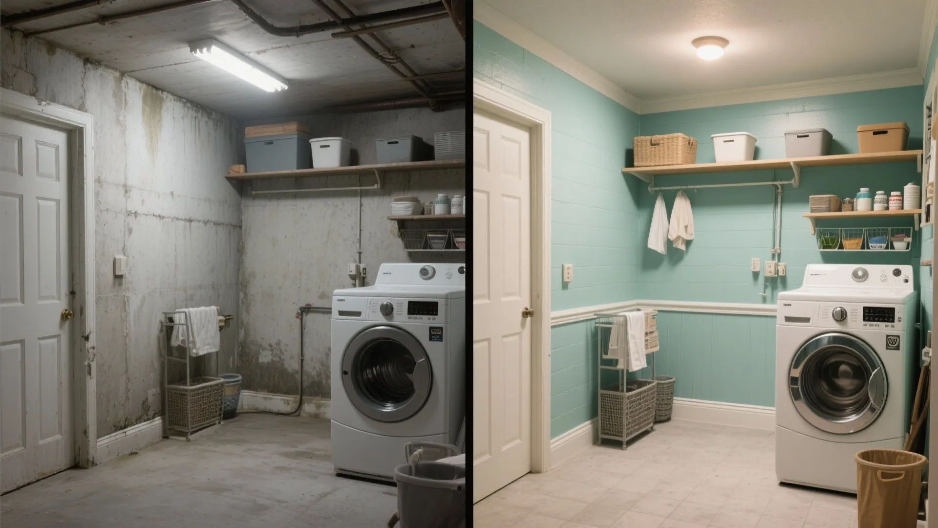 Before and after transformation of dark concrete basement into bright laundry room with teal walls