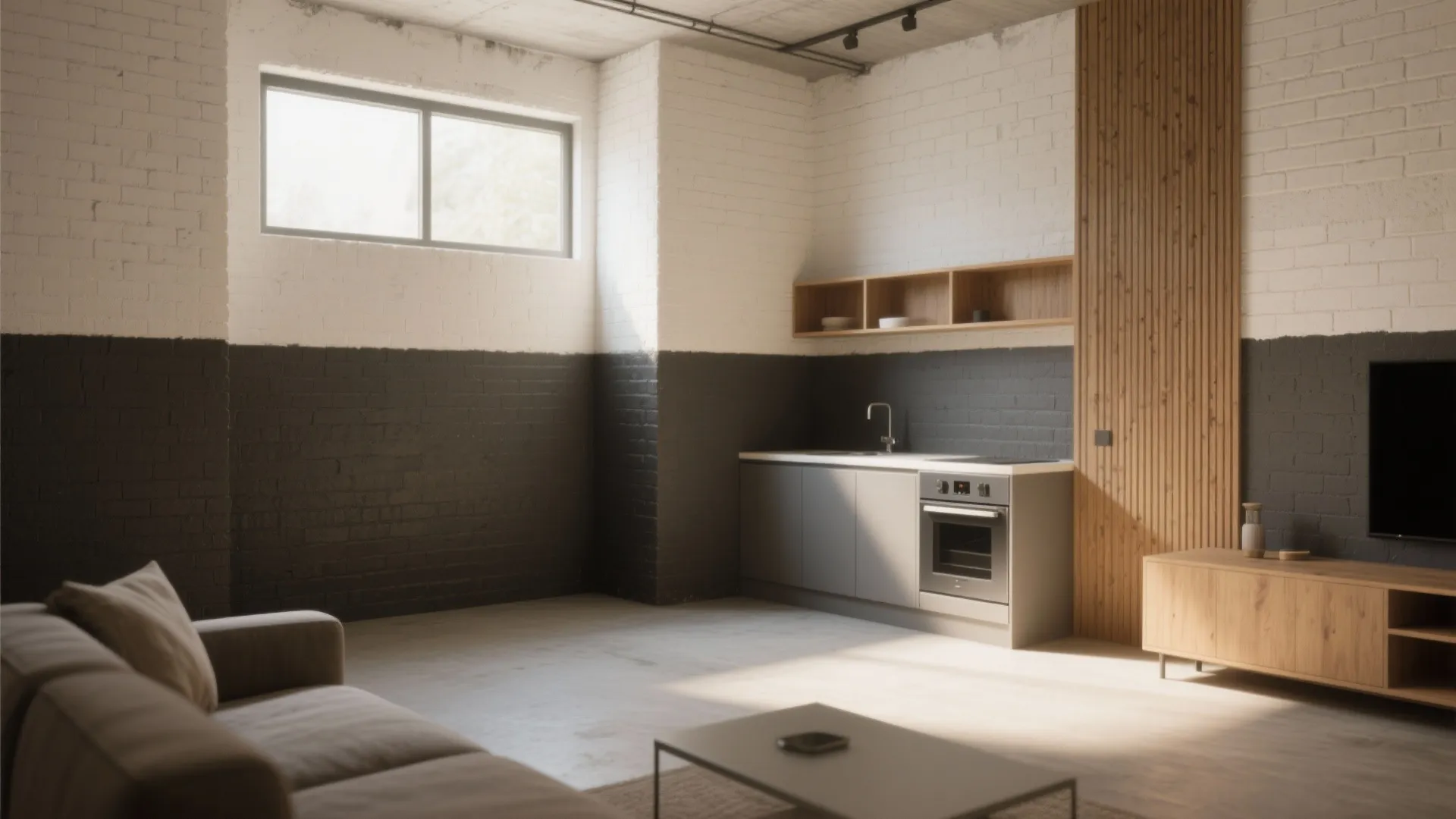 Modern basement living space with white brick walls grey kitchen cabinets wooden furniture and sofa