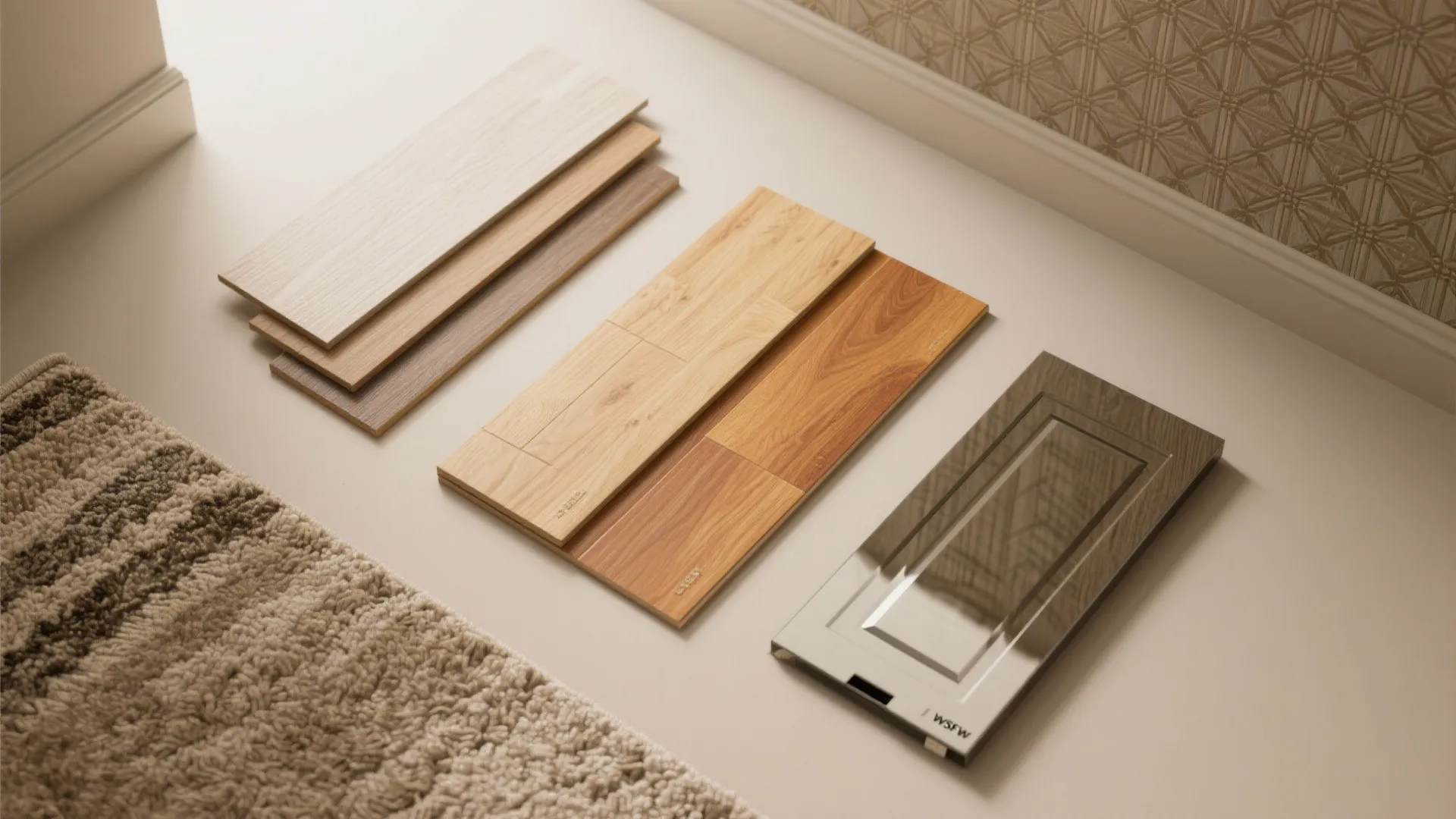 Interior design materials showing wood flooring samples cabinet door rug and wallpaper on a white surface