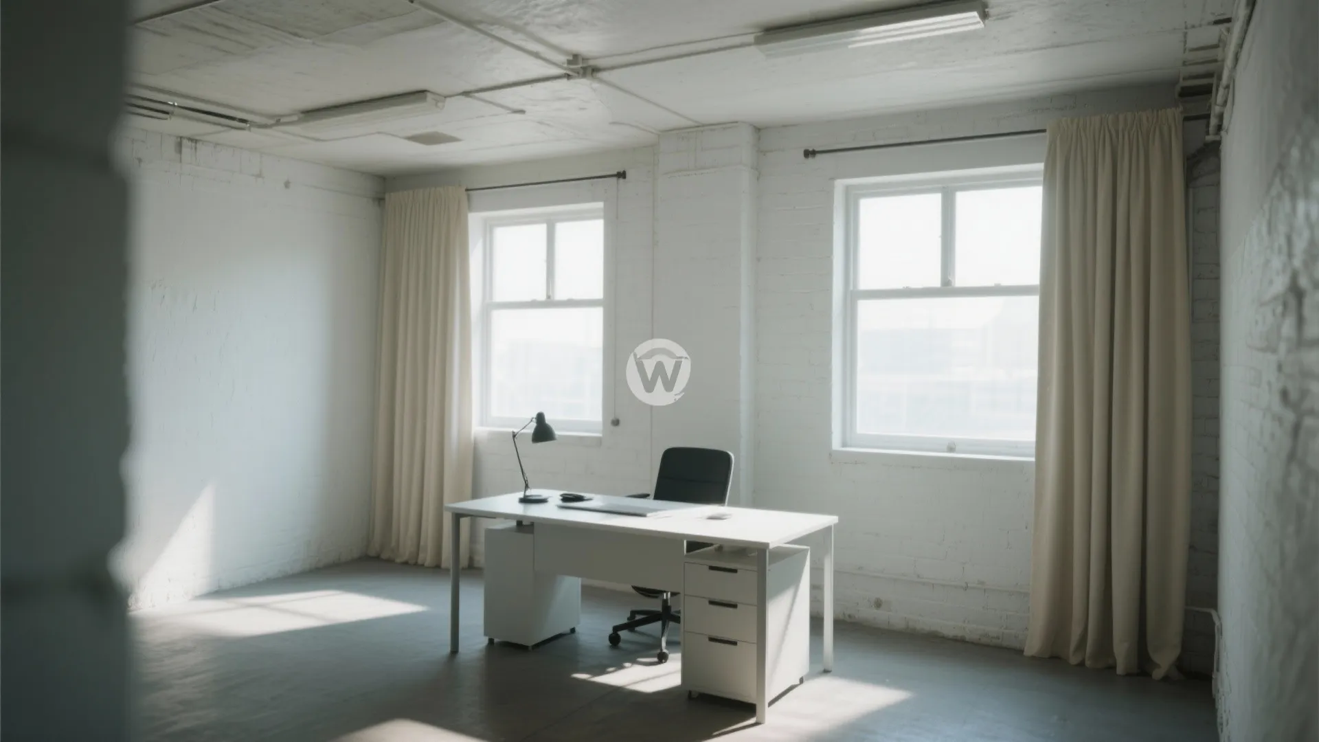 Basement office with sunlight from small windows and light walls