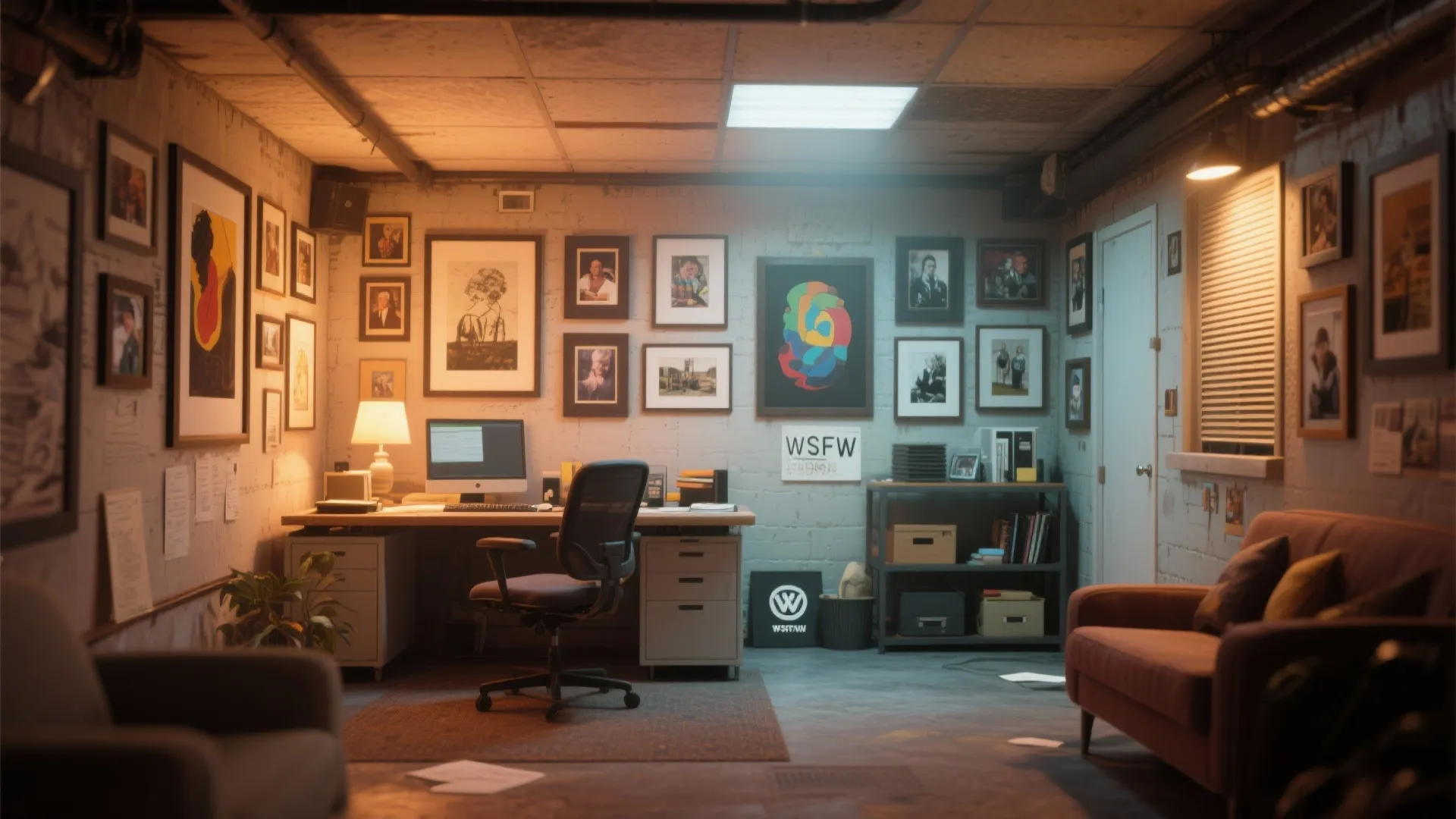 Basement office with walls decorated with framed art