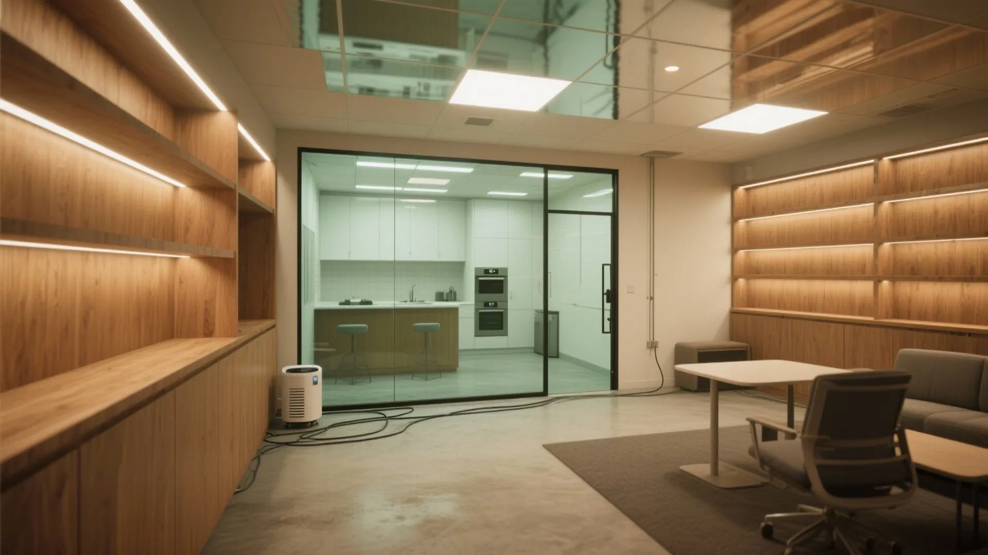 Modern office interior design drawing with wooden shelves white desk grey chair and glass wall