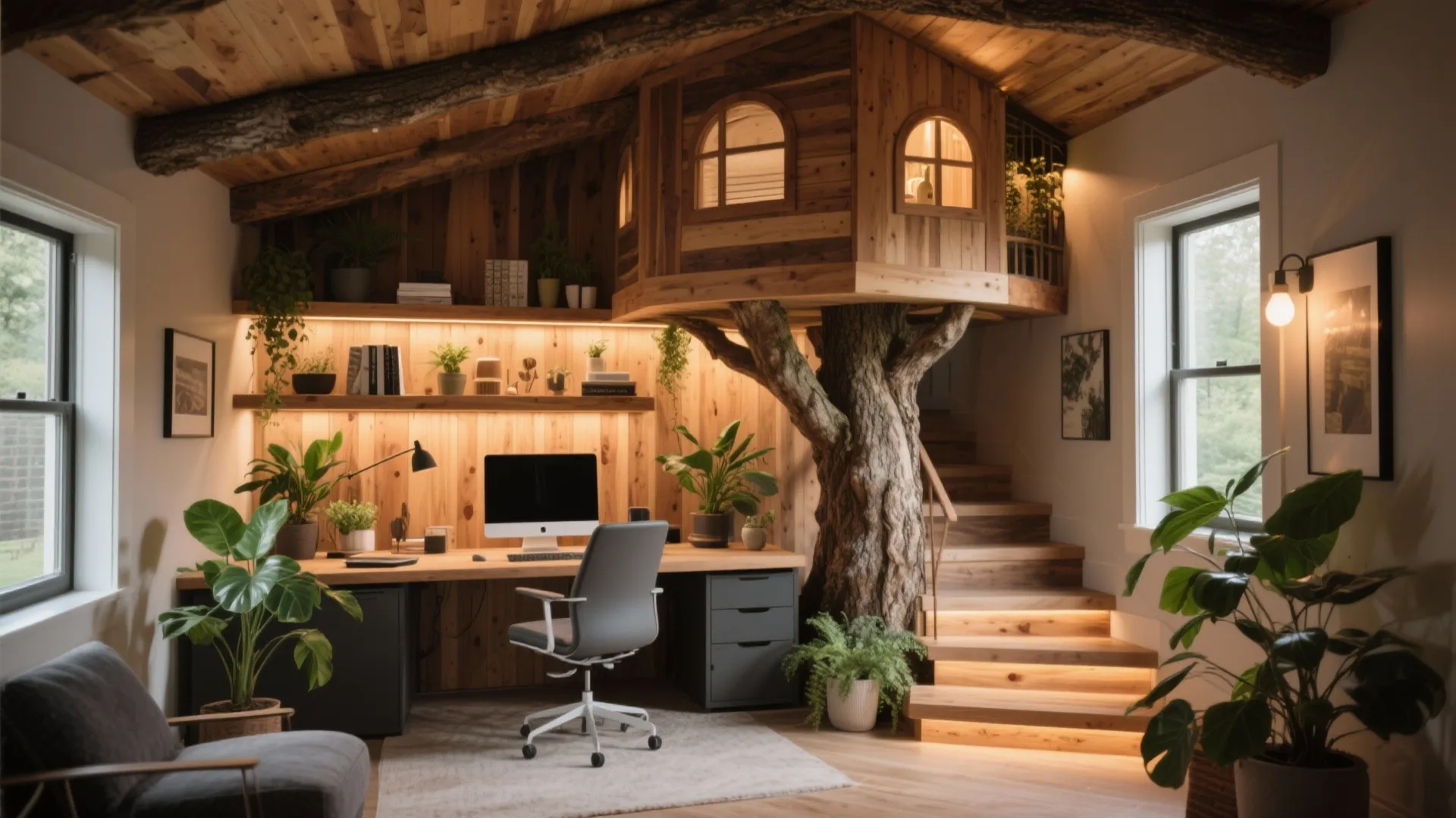 Unique basement home office featuring a treehouse structure wooden desk green plants and warm lighting