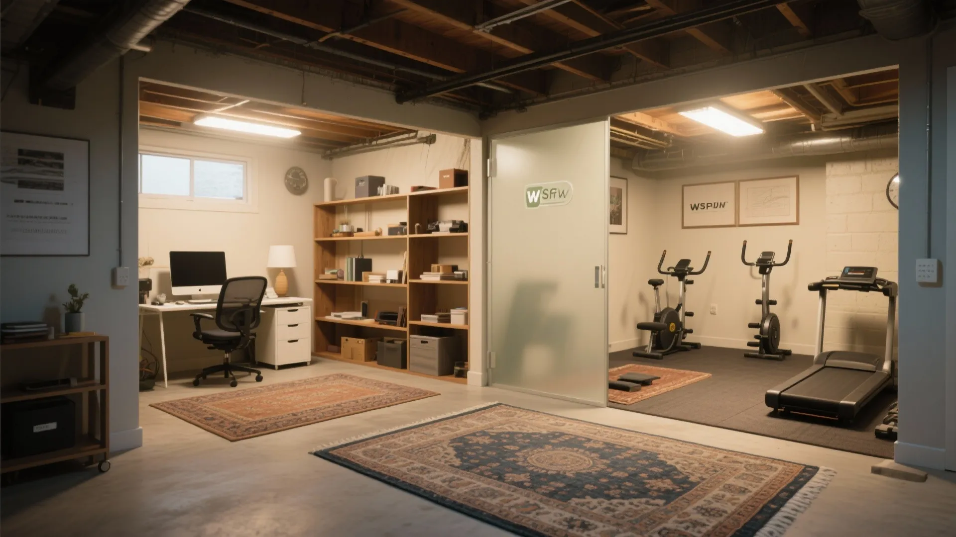 Finished basement layout divided into a home office area and a gym with exercise equipment