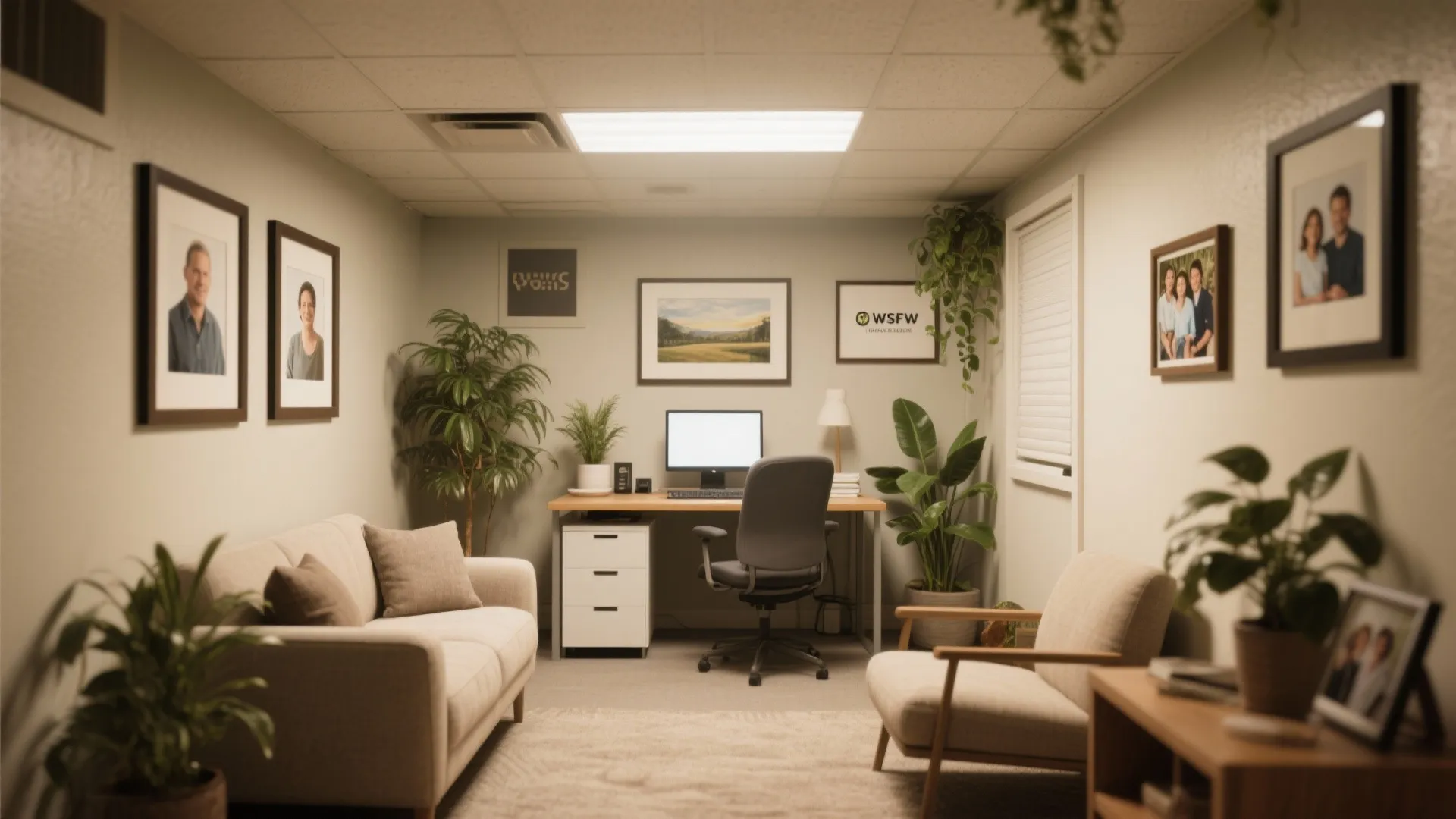 Cozy basement office with beige sofa wooden desk green plants framed photos and soft lighting