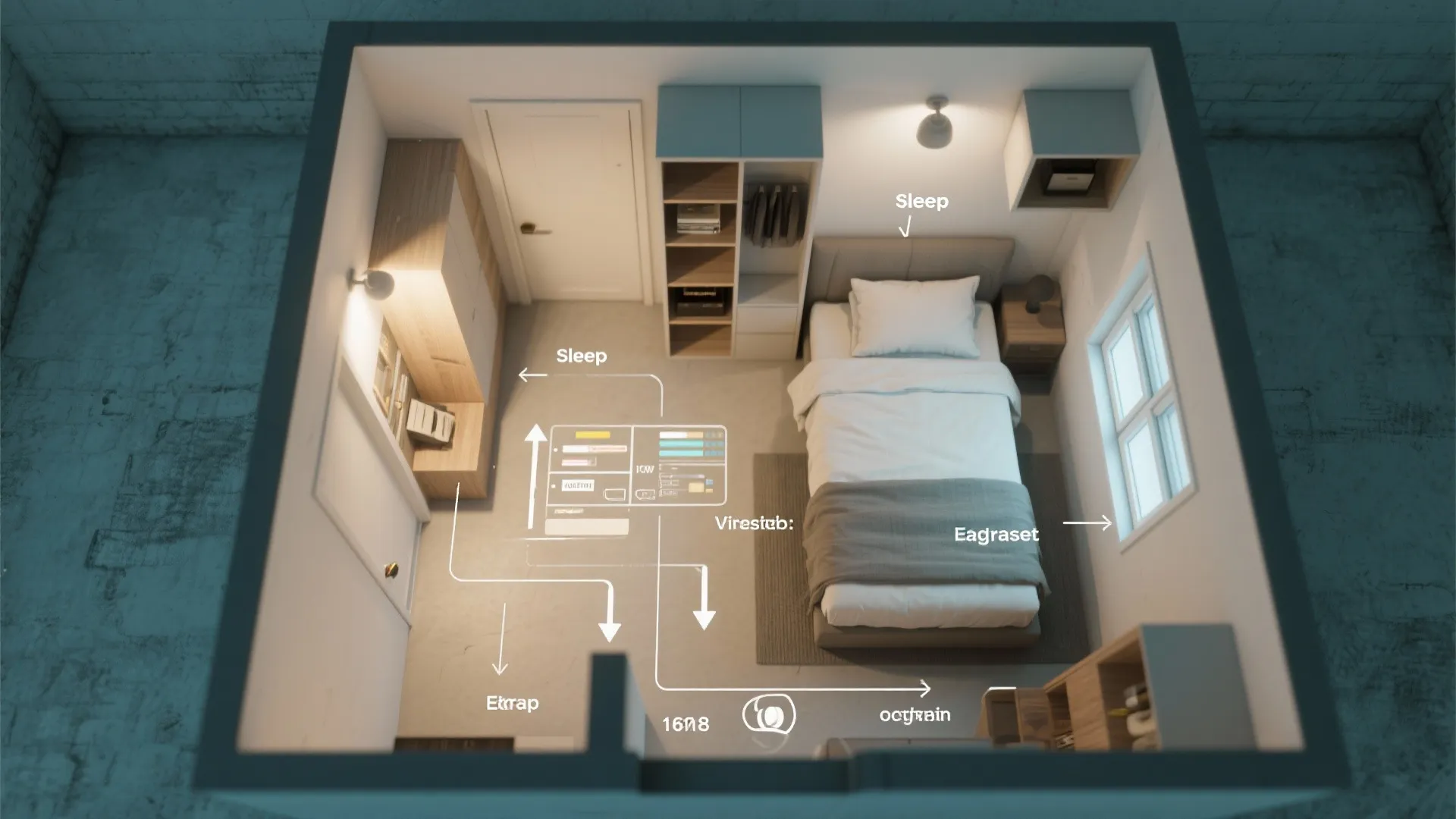 Top-down floor plan of a basement bedroom showing zones, egress and ventilation recommendations.