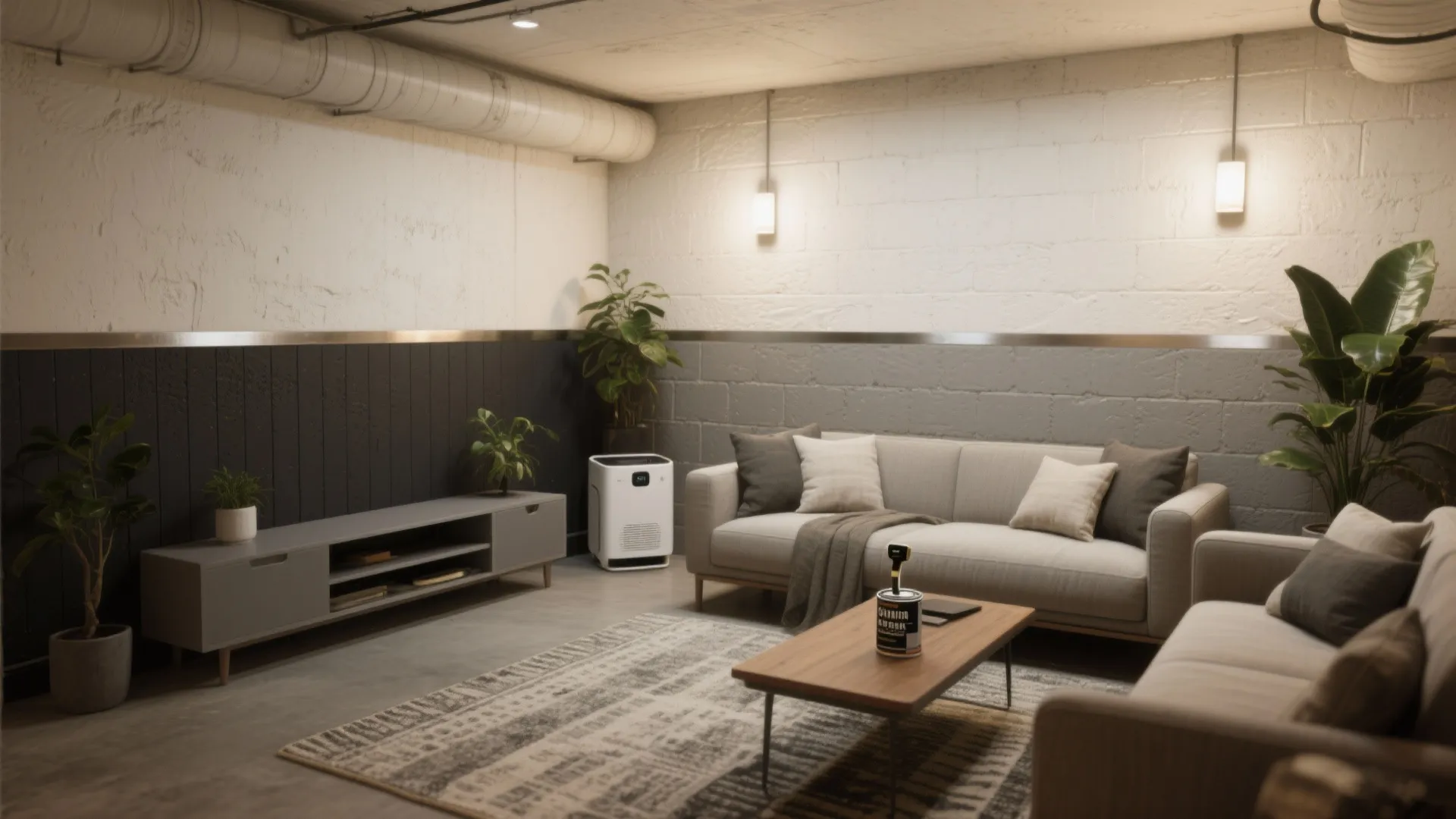 Modern basement living room featuring grey sofa, wooden coffee table, rug, plants, and white walls