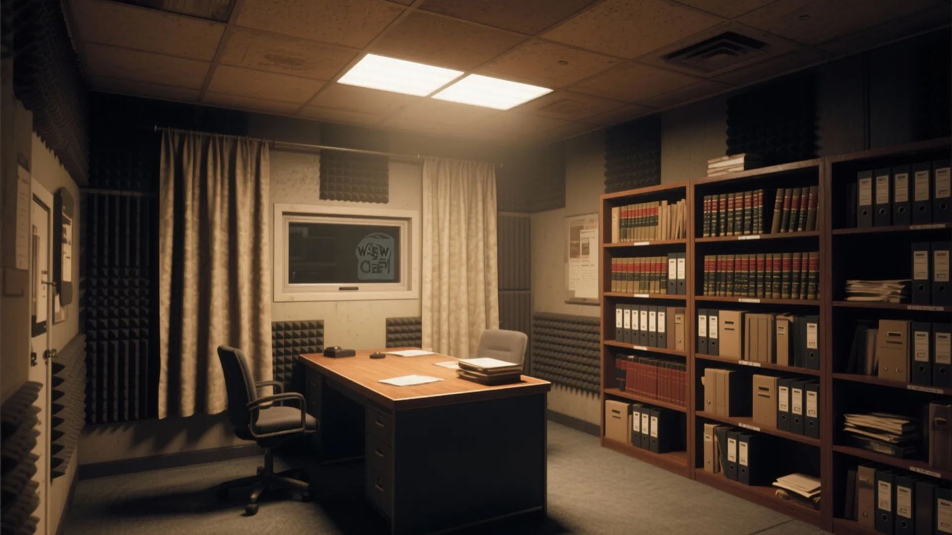 Soundproof basement office featuring wall panels wooden desk tall bookshelves beige curtains and ceiling light