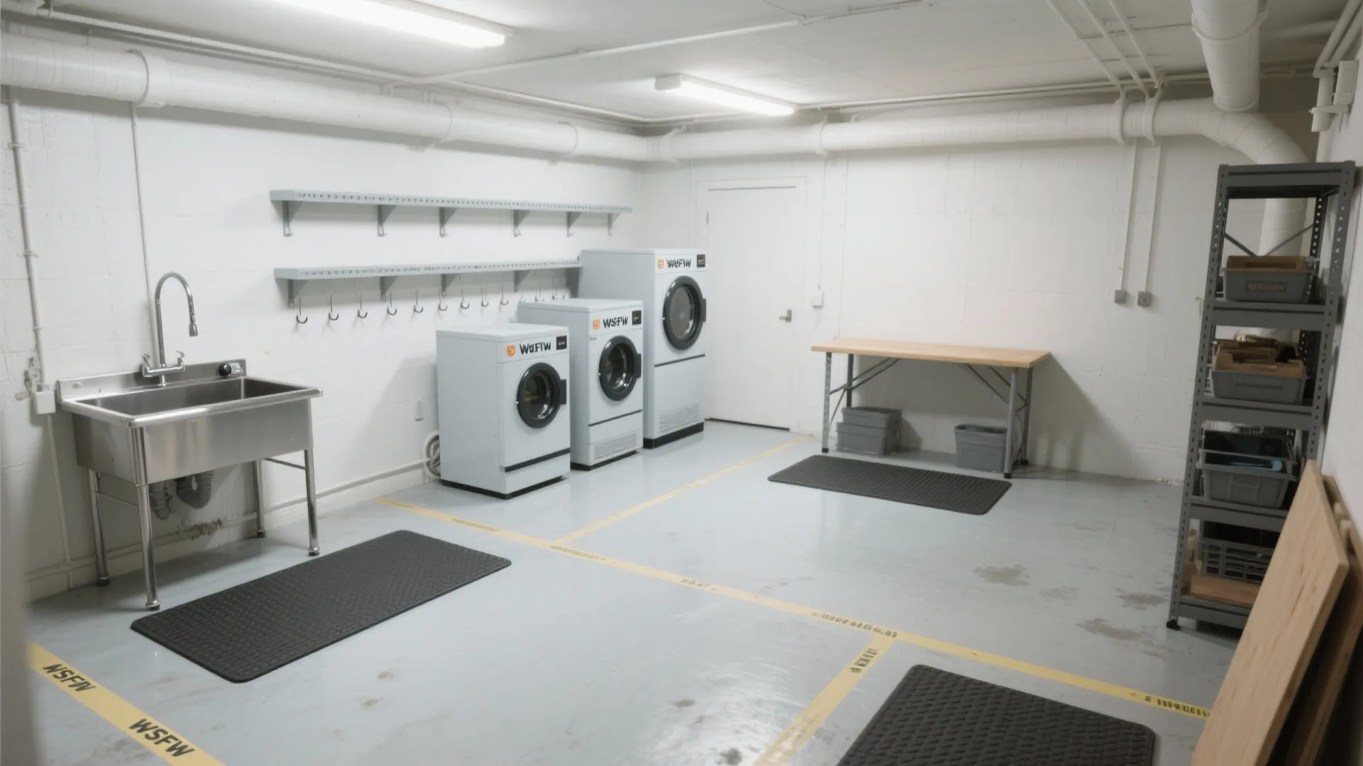Clean basement laundry room with washing machines a metal sink white walls and grey floor