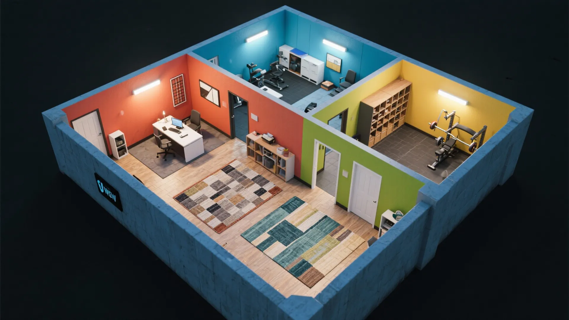 Top-down view of basement floor plan with functional zones