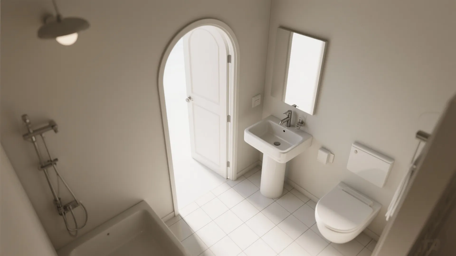 Top down interior design drawing of small white bathroom with toilet sink and shower area