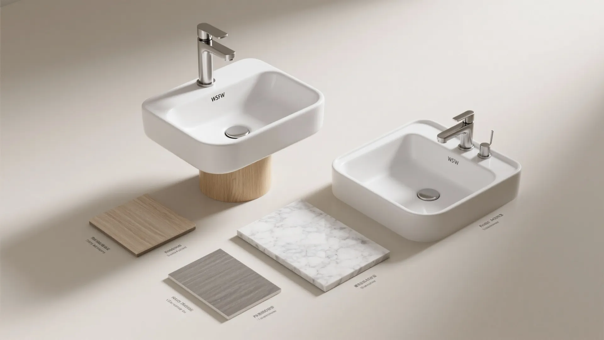Two white square wash basins shown with wood and marble material samples for interior design planning