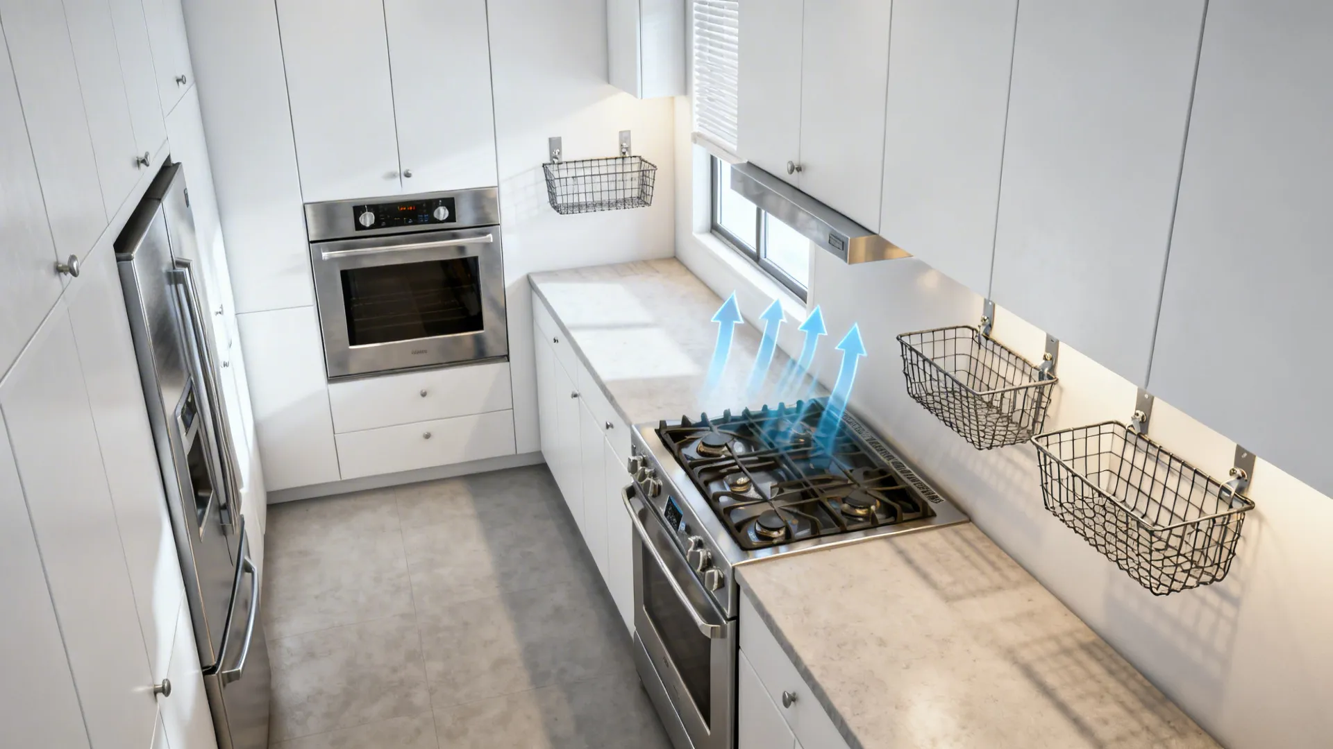Top-down planning view showing airflow and ideal wall basket placement away from heat and glare.