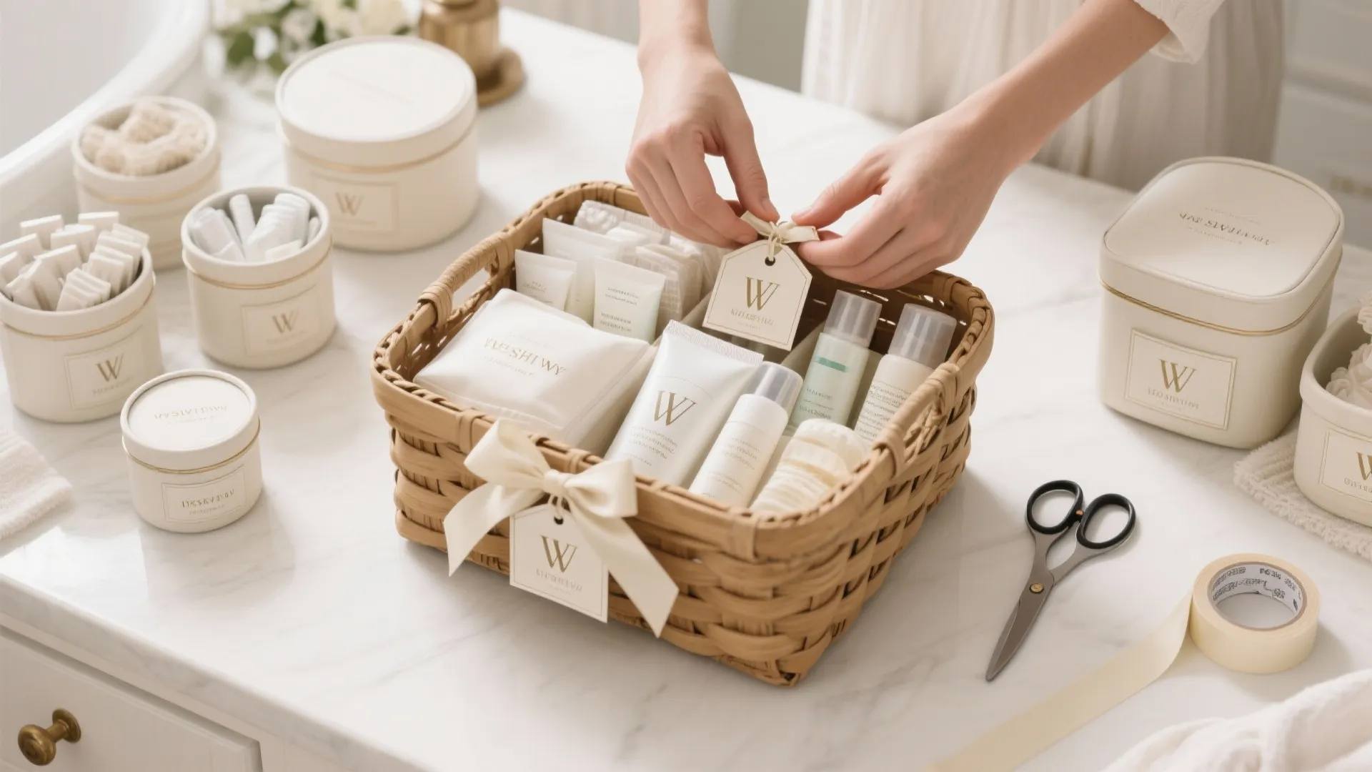 Top-down layout of bathroom basket assembly with travel-size items, labels, and packaging tools.