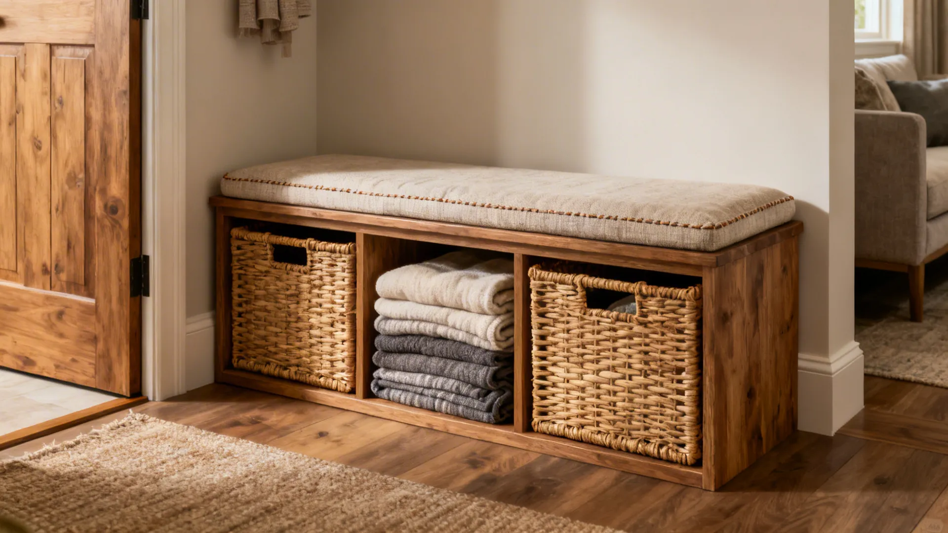Bench with built-in basket storage providing seating and concealed blanket storage in a small living room.