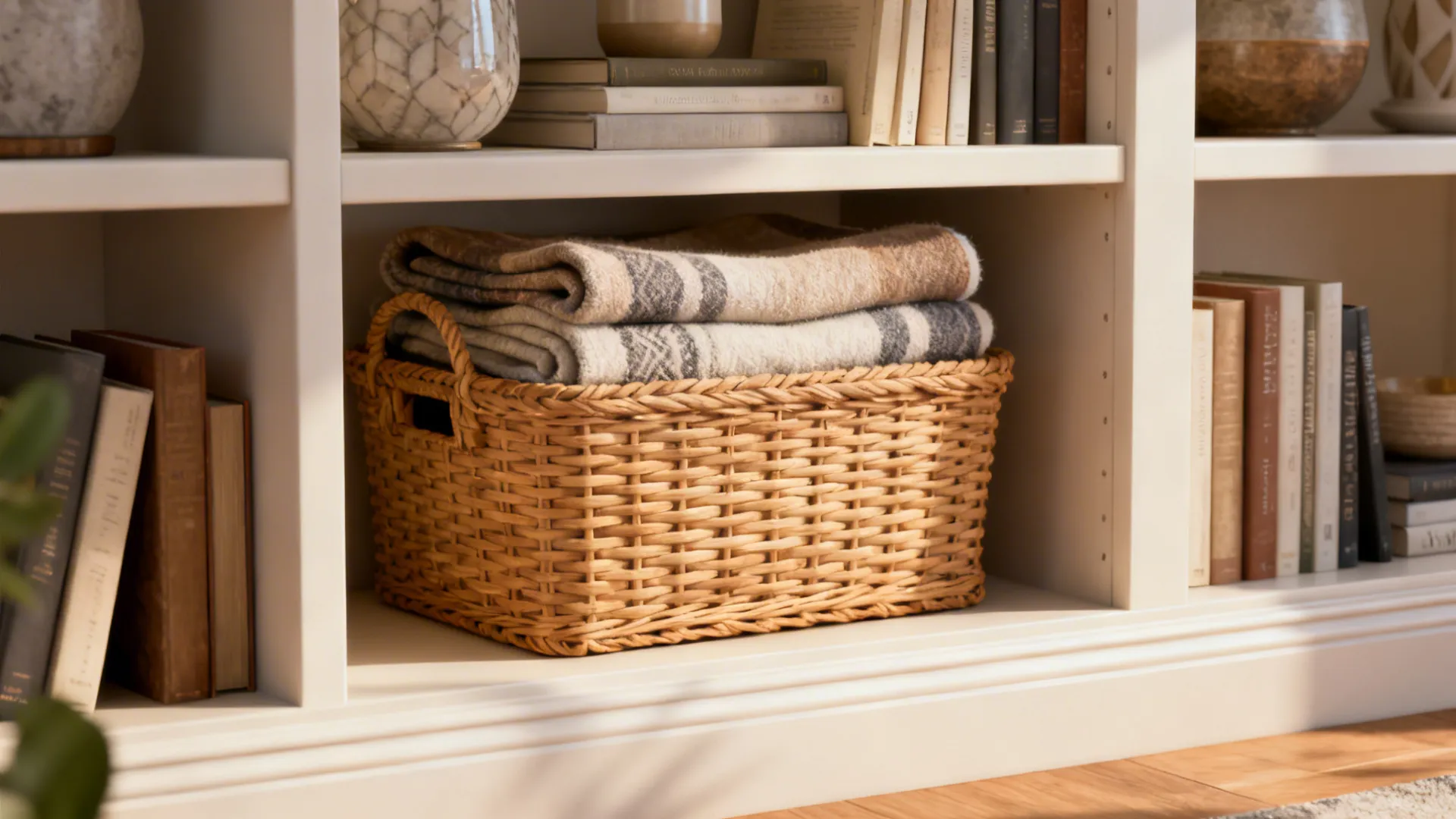 Woven basket perfectly fit inside a low bookshelf cubby with blankets folded inside.