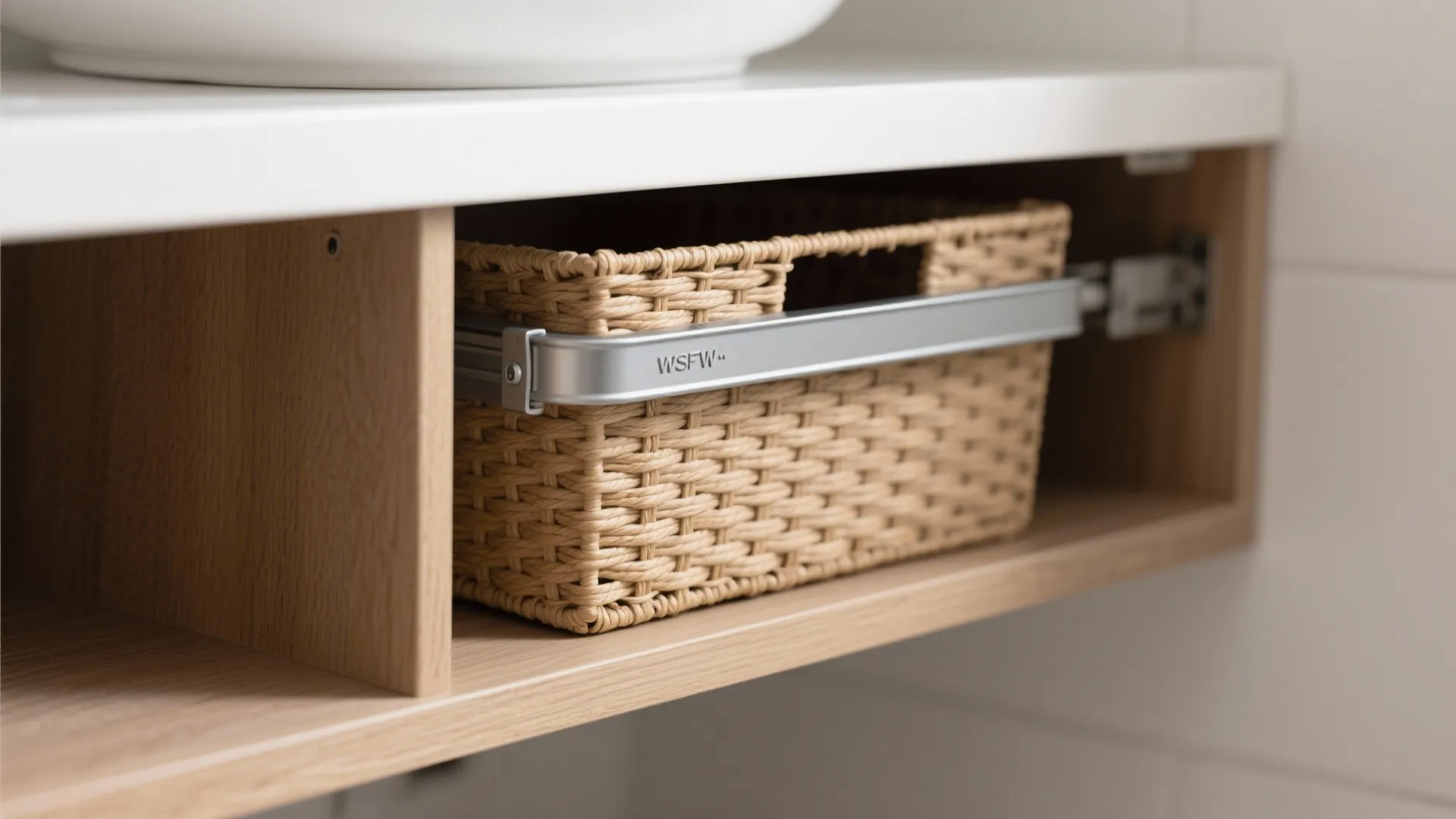 Open corner shelves with concealed basket drawers