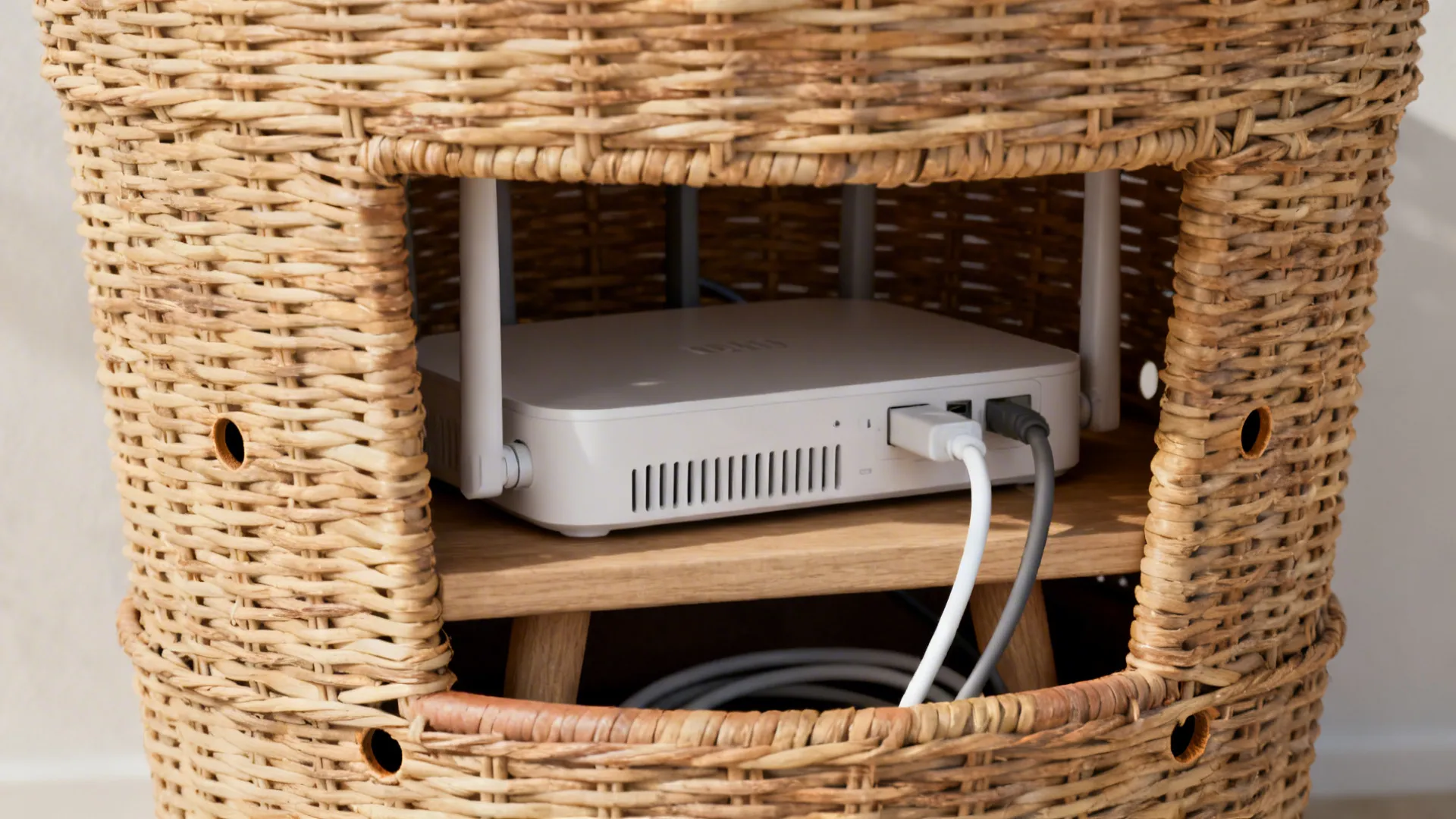 White internet router hidden inside woven storage basket with cables plugged in through side opening