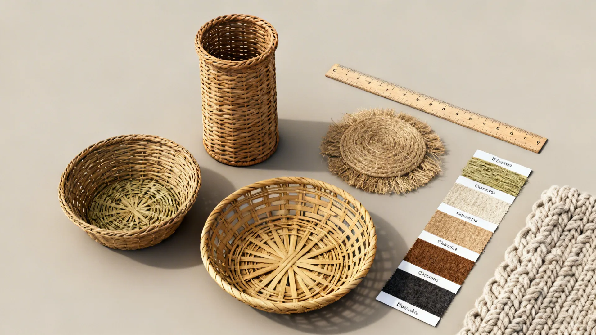 Top-down comparison of three basket shapes and material swatches with a ruler to show scale.