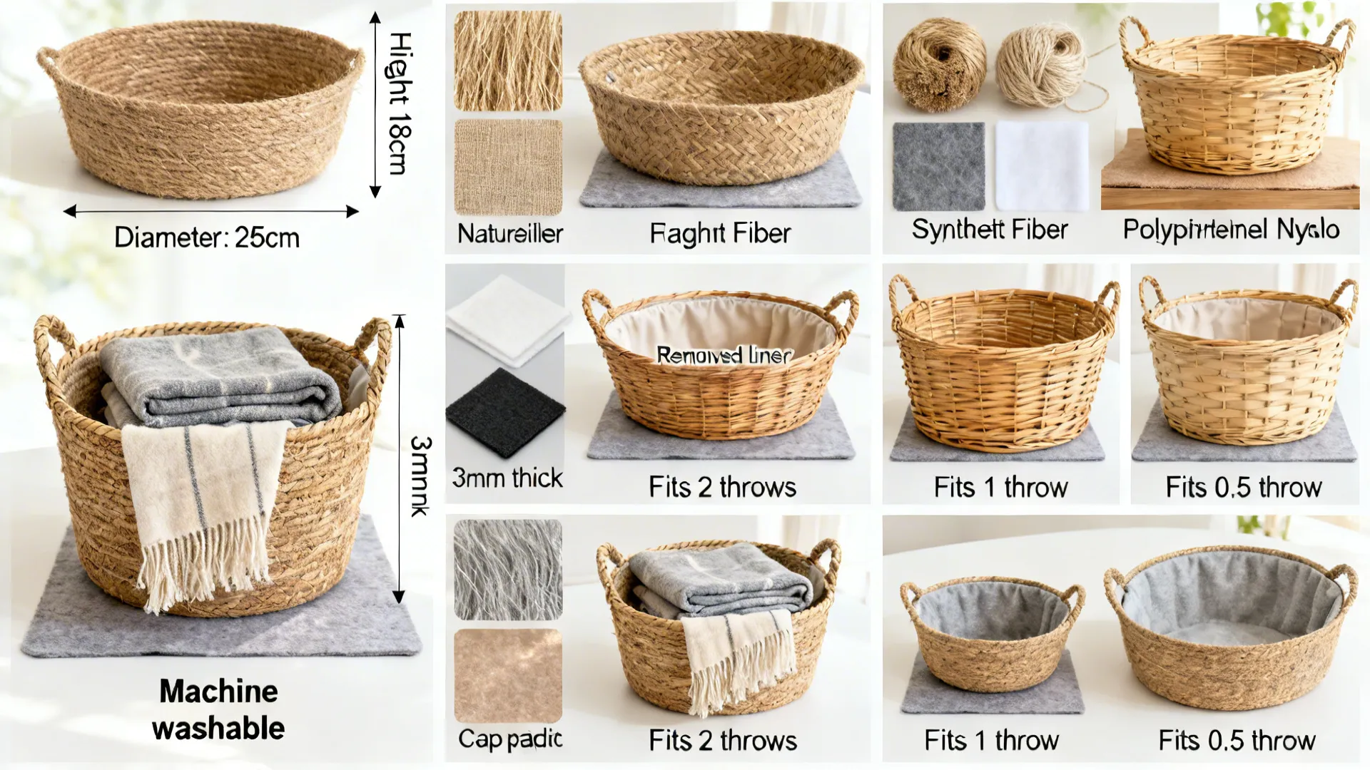 Collage of basket types, sizes, liners and protective pads with measurement cues for FAQ guidance.