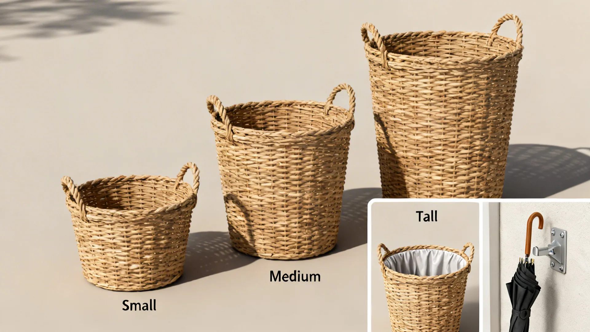 Three woven storage baskets in small medium and tall sizes with an umbrella holder view