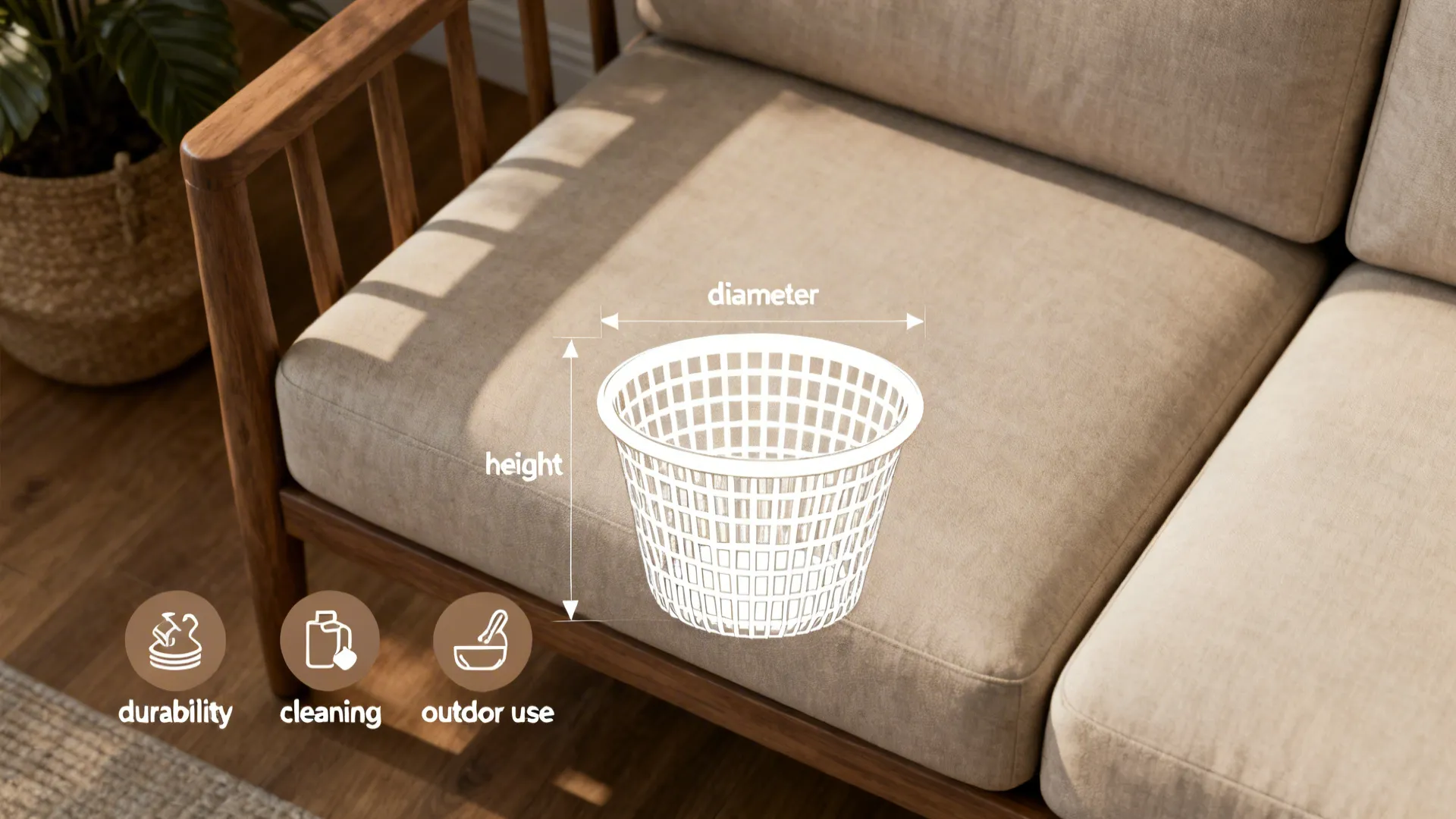 Diagram showing basket height and diameter measurements with icons for durability and cleaning on sofa