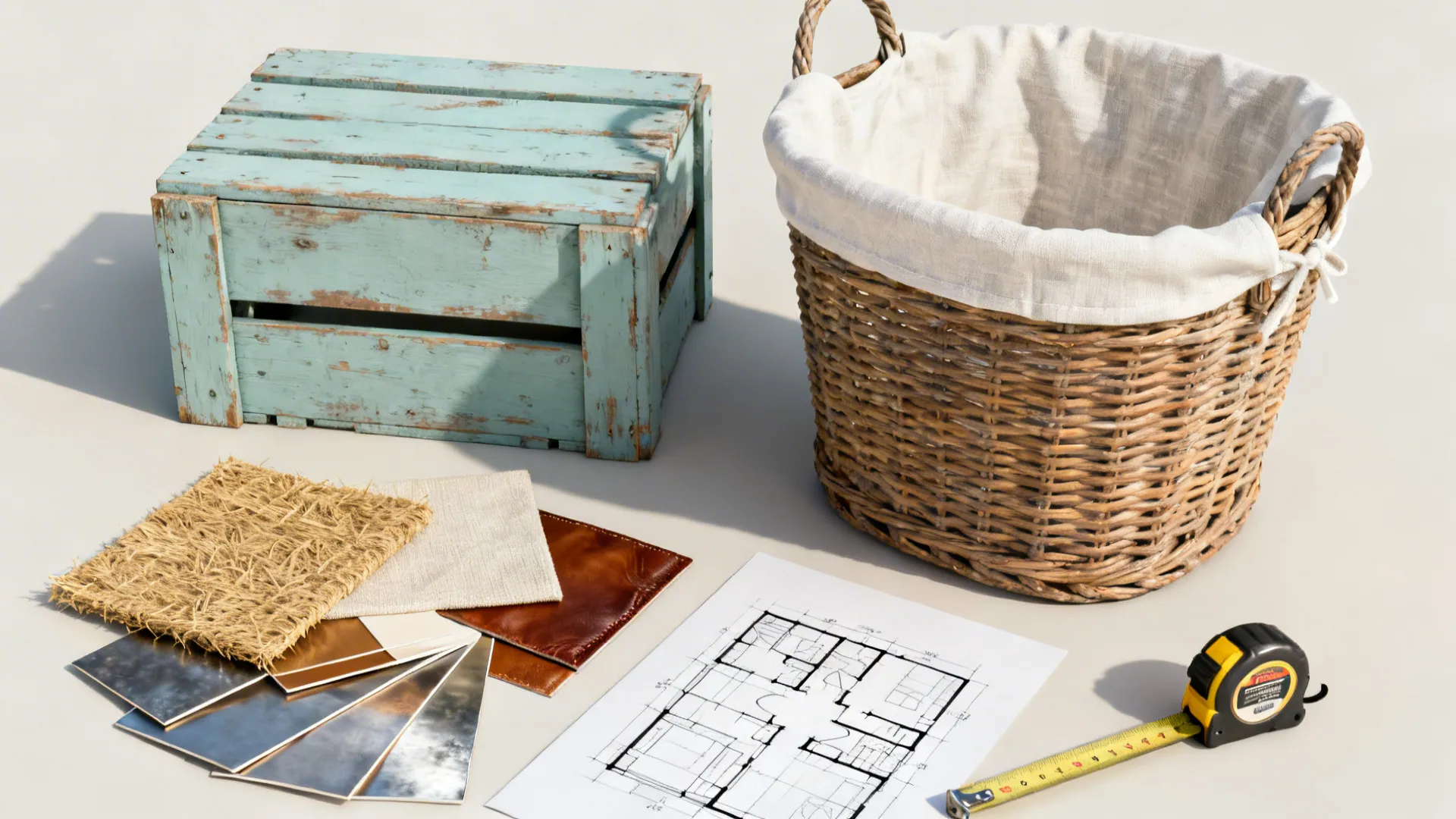 Flatlay of budget basket alternatives, material swatches, and a tape measure for placement planning.
