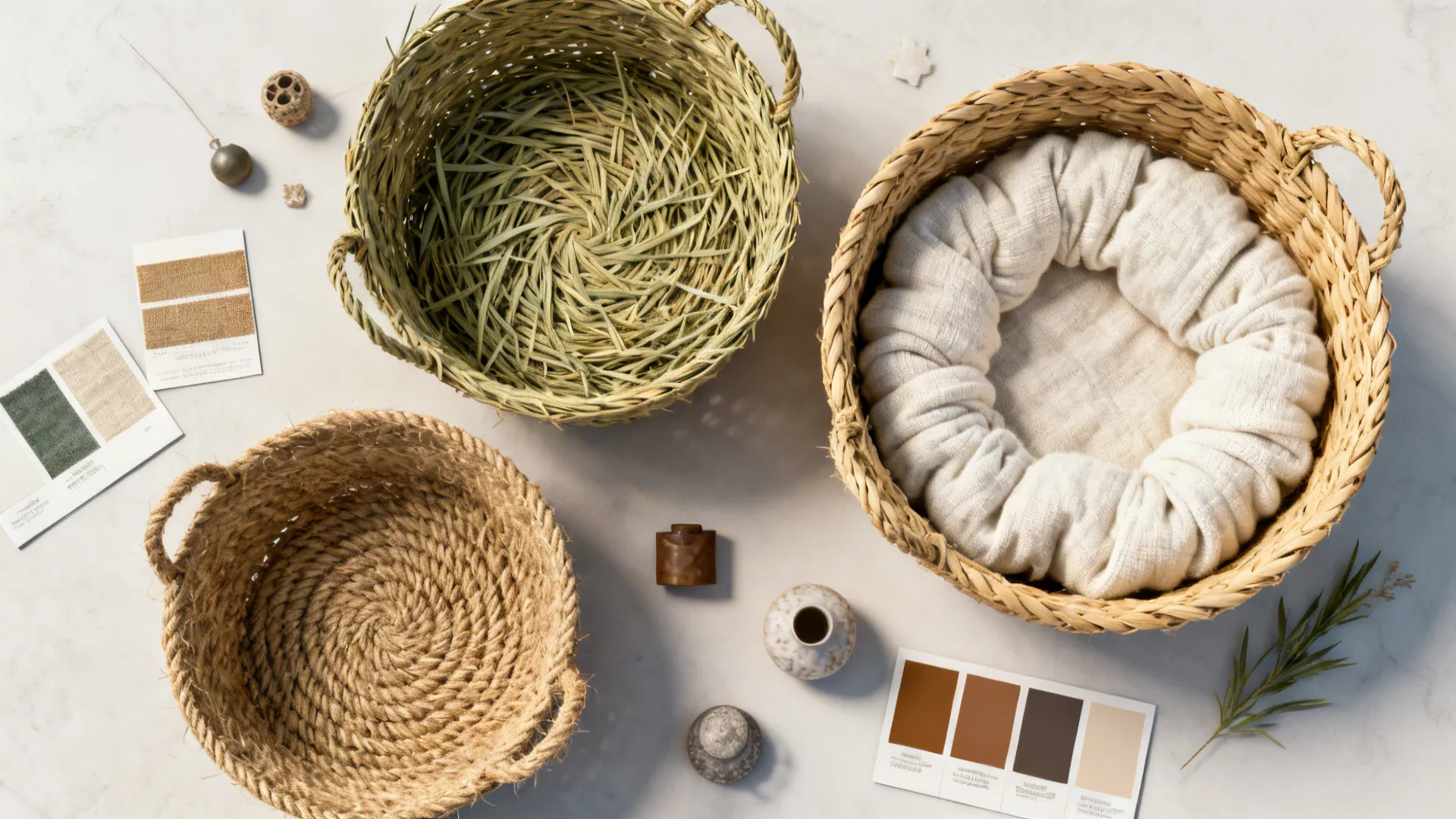 Flat lay of three woven baskets with color cards and small decorative objects on marble