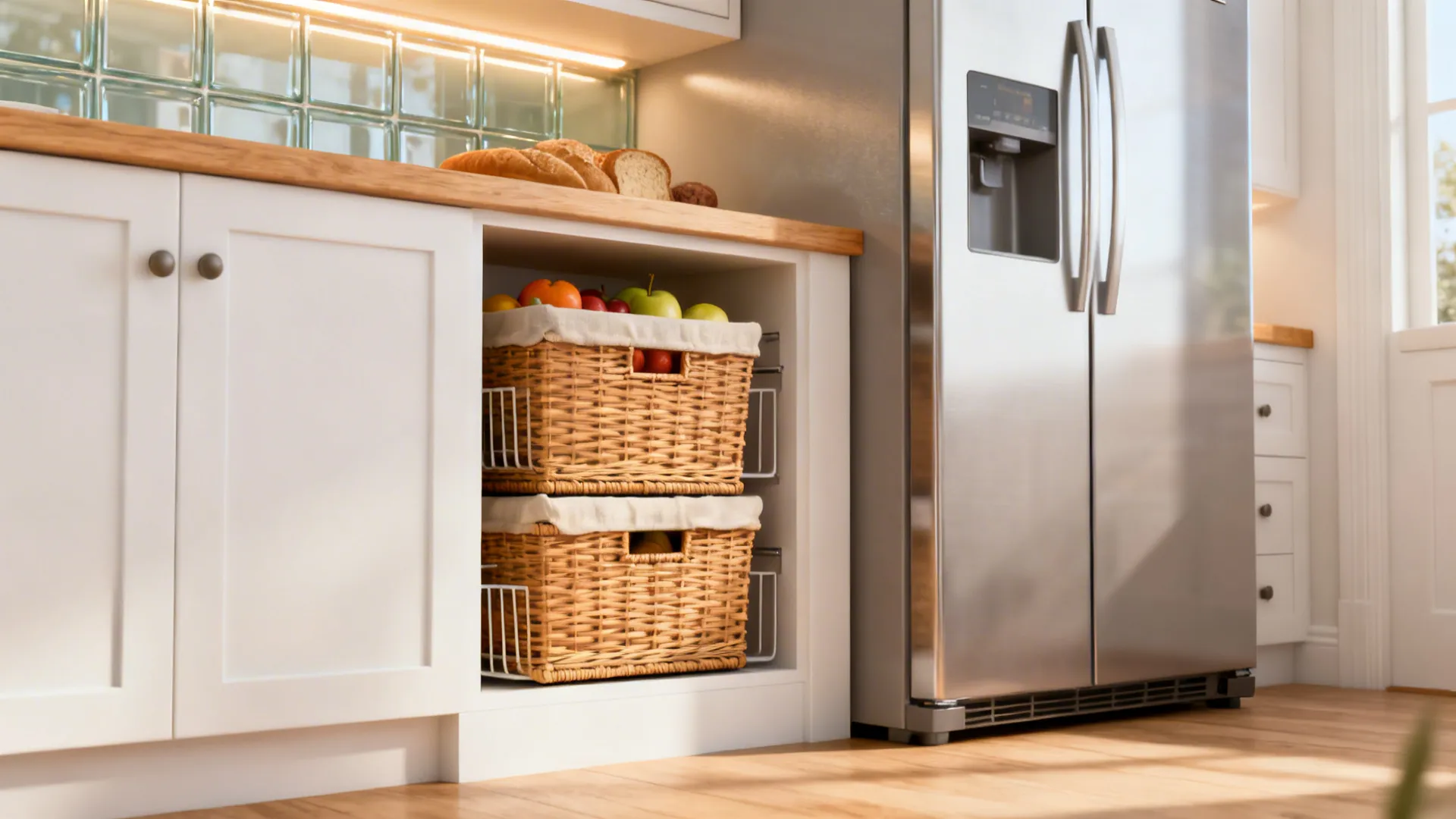 White kitchen cabinet featuring built-in storage with two wicker baskets holding fresh fruit near refrigerator