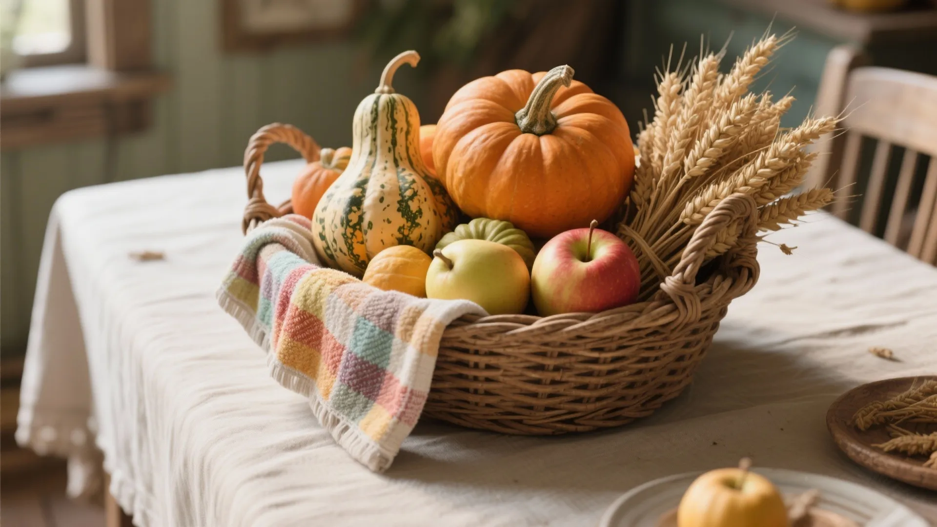 Shallow woven basket with a towel, gourds, apples, and dried wheat arranged as a rustic harvest centerpiece.