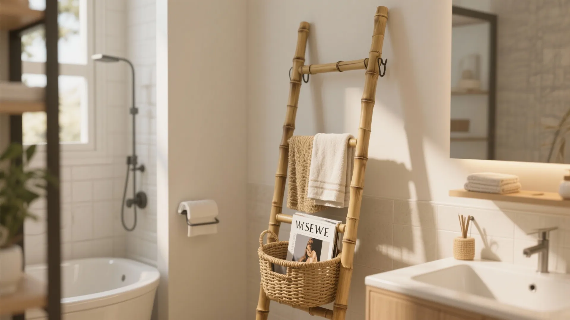 Bamboo ladder towel rack with a small storage basket in a bright and modern bathroom